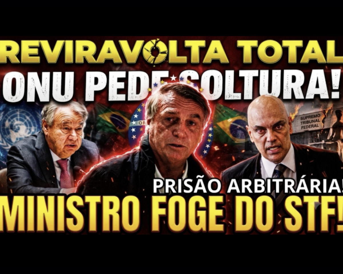 A imagem é uma montagem gráfica em formato de miniatura de vídeo, com fundo escuro em tons de vermelho e preto. No topo, há um grande texto em letras amarelas e brancas que diz: 'REVIRAVOLTA TOTAL! ONU PEDE SOLTURA!'. A letra 'O' da palavra 'REVIRAVOLTA' contém o desenho de um alvo com um buraco no centro. Ao centro da montagem aparece um homem de cabelos grisalhos usando uma jaqueta escura, em primeiro plano, com duas bandeiras do Brasil parcialmente visíveis ao fundo. À esquerda, há outro homem de cabelos brancos usando terno escuro, diante de um fundo com o emblema da ONU. À direita, aparece um homem careca, também de terno, com expressão séria, diante de uma imagem do prédio do Supremo Tribunal Federal, onde se lê 'SUPREMO TRIBUNAL FEDERAL'. Sobre a parte inferior da imagem há outro texto em destaque. Em letras brancas lê-se: 'PRISÃO ARBITRÁRIA!', e logo abaixo, em letras grandes amarelas, lê-se: 'MINISTRO FOGE DO STF!'. A montagem utiliza efeitos de brilho, contornos vermelhos ao redor das pessoas e pequenas faíscas espalhadas pelo fundo.