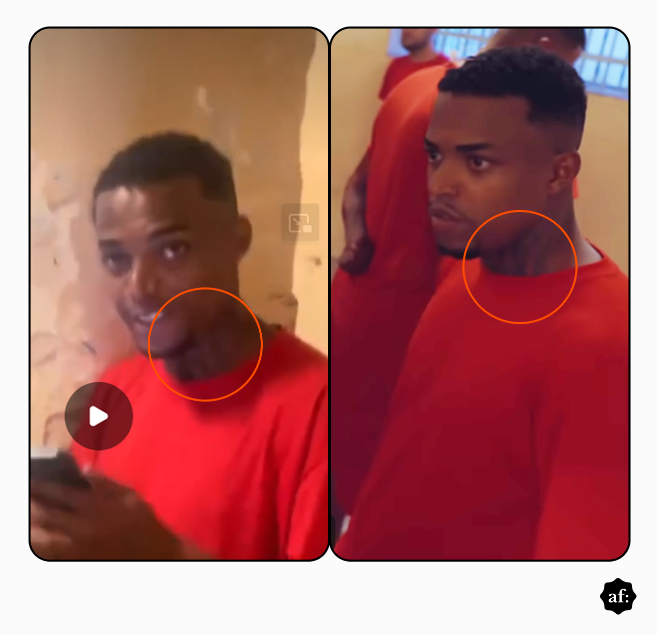 Uma imagem apresenta uma montagem com duas capturas de tela verticais, com bordas arredondadas, dispostas lado a lado sobre um fundo branco. Ambas as capturas retratam o mesmo homem jovem, negro, com cabelo curto escuro e barba rala, vestindo uma camiseta vermelha lisa. Na captura da esquerda, o homem aparece olhando em direção à câmera enquanto segura um aparelho celular escuro nas mãos, parcialmente visível no canto inferior esquerdo. O fundo é composto por uma parede rústica com textura irregular e pintura manchada em tons de bege. Sobreposta à parte inferior esquerda da imagem, há uma marca d'água de um botão circular escuro de reprodução ('play') com um triângulo branco no centro, além de um ícone quadrado translúcido menor próximo à orelha do homem. Na captura da direita, o enquadramento é ligeiramente mais fechado, focando no rosto e parte do tronco do homem. Ele não olha para a câmera; em vez disso, seu olhar está direcionado fixamente para a esquerda do quadro, com uma expressão séria. O fundo está em um ambiente um pouco mais escuro, mas é possível identificar a silhueta de outras pessoas atrás dele vestindo a mesma camiseta vermelha.