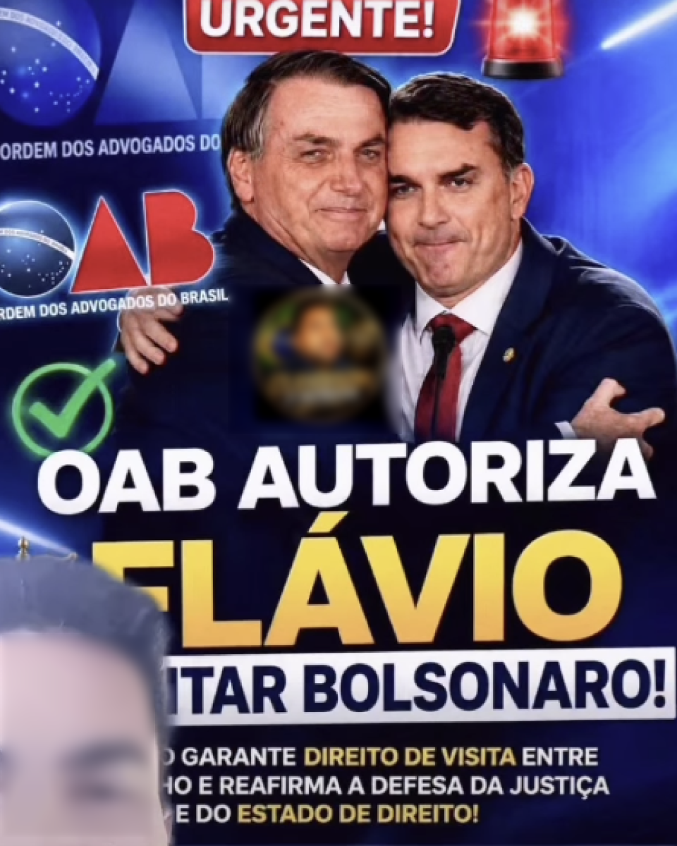 A imagem é uma montagem vertical com fundo predominantemente azul escuro e vários elementos gráficos sobrepostos. No topo, há um retângulo vermelho com a palavra 'URGENTE!' em letras brancas, acompanhado do desenho de uma sirene vermelha acesa. Abaixo, aparecem dois homens de terno abraçados e sorrindo para a câmera. À esquerda está Jair Bolsonaro, vestindo paletó escuro e camisa clara. À direita está Flávio Bolsonaro de terno azul escuro, camisa branca e gravata vermelha. Ao fundo, em diferentes pontos da imagem, aparecem logotipos da OAB, um símbolo de marca de verificação verde e efeitos de luz azul. Logo abaixo, em letras grandes brancas, está o texto 'OAB AUTORIZA'. Em seguida, a palavra 'FLÁVIO' aparece em letras grandes amarelas. Abaixo dela, há outra faixa de texto em letras brancas parcialmente visível, terminando com a expressão '...ITAR BOLSONARO!'. Na parte inferior da imagem, há um texto menor em letras brancas e amarelas distribuído em várias linhas. Algumas palavras destacadas em amarelo incluem 'DIREITO DE VISITA' e 'ESTADO DE DIREITO'.