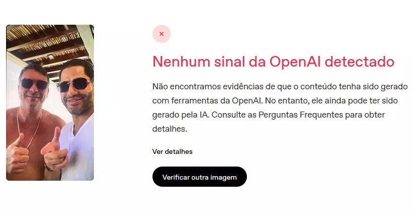 Uma captura de tela apresenta uma interface dividida em duas partes sobre um fundo claro. À esquerda, exibe-se uma fotografia vertical de dois homens em um ambiente claro, sob uma estrutura rústica de teto com ripas de madeira. O homem à esquerda (Flávio Bolsonaro) aparece sem camisa, sorrindo levemente, usando óculos escuros e uma fina corrente prateada no pescoço; ele faz um sinal de positivo com a mão direita e aponta o dedo indicador esquerdo em direção à câmera. À direita dele, um outro homem de cabelos escuros e barba veste uma camiseta branca e também usa óculos escuros. À direita, um painel informativo exibe no topo um pequeno ícone circular vermelho-claro com um ‘x’ vermelho no centro. Logo abaixo, há um título em letras grandes e vermelhas: ‘Nenhum sinal da OpenAI detectado’.