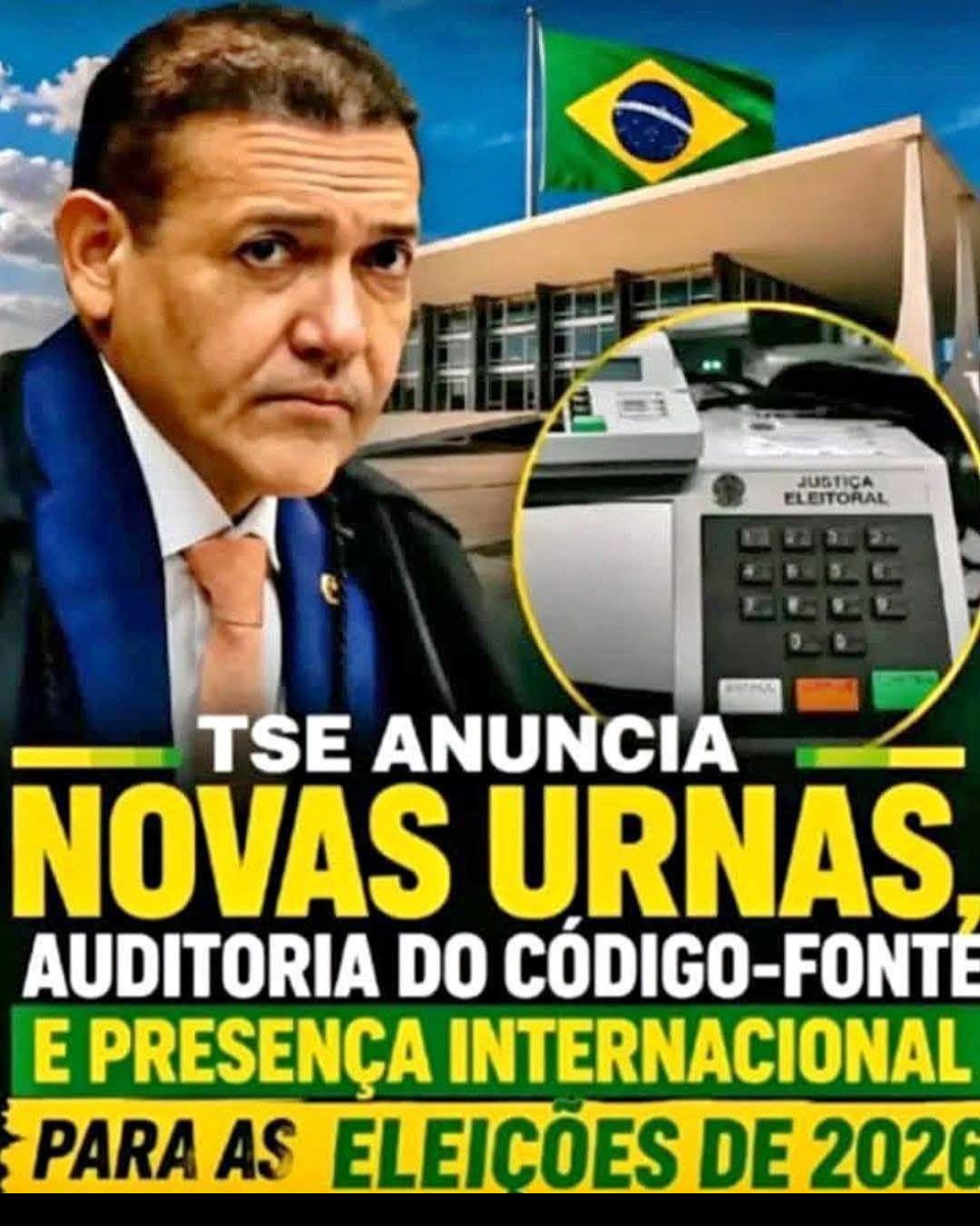 A imagem é uma montagem gráfica em formato de thumbnail para redes sociais ou vídeo. À esquerda, aparece o retrato do ministro Kássio Nunes Marques, um homem de terno escuro, camisa branca e gravata salmão, olhando diretamente para a câmera com expressão séria. Ao fundo, vê-se o edifício do STF em arquitetura moderna, com uma bandeira do Brasil hasteada em frente. Na metade inferior da imagem há um grande bloco de texto em letras maiúsculas, distribuído em diferentes cores e tamanhos. O texto diz: 'TSE ANUNCIA NOVAS URNAS, AUDITORIA DO CÓDIGO-FONTE E PRESENÇA INTERNACIONAL PARA AS ELEIÇÕES DE 2026'. As palavras 'NOVAS URNAS' aparecem em amarelo sobre fundo preto, enquanto 'E PRESENÇA INTERNACIONAL' está em verde. O restante do texto é branco. Na parte inferior da captura aparece ainda a palavra 'ESTADOS UNIDOS.' No canto superior direito há um destaque circular contendo a fotografia de uma urna eletrônica vista de frente, com o teclado numérico e as teclas 'BRANCO', 'CORRIGE' e 'CONFIRMA' visíveis.