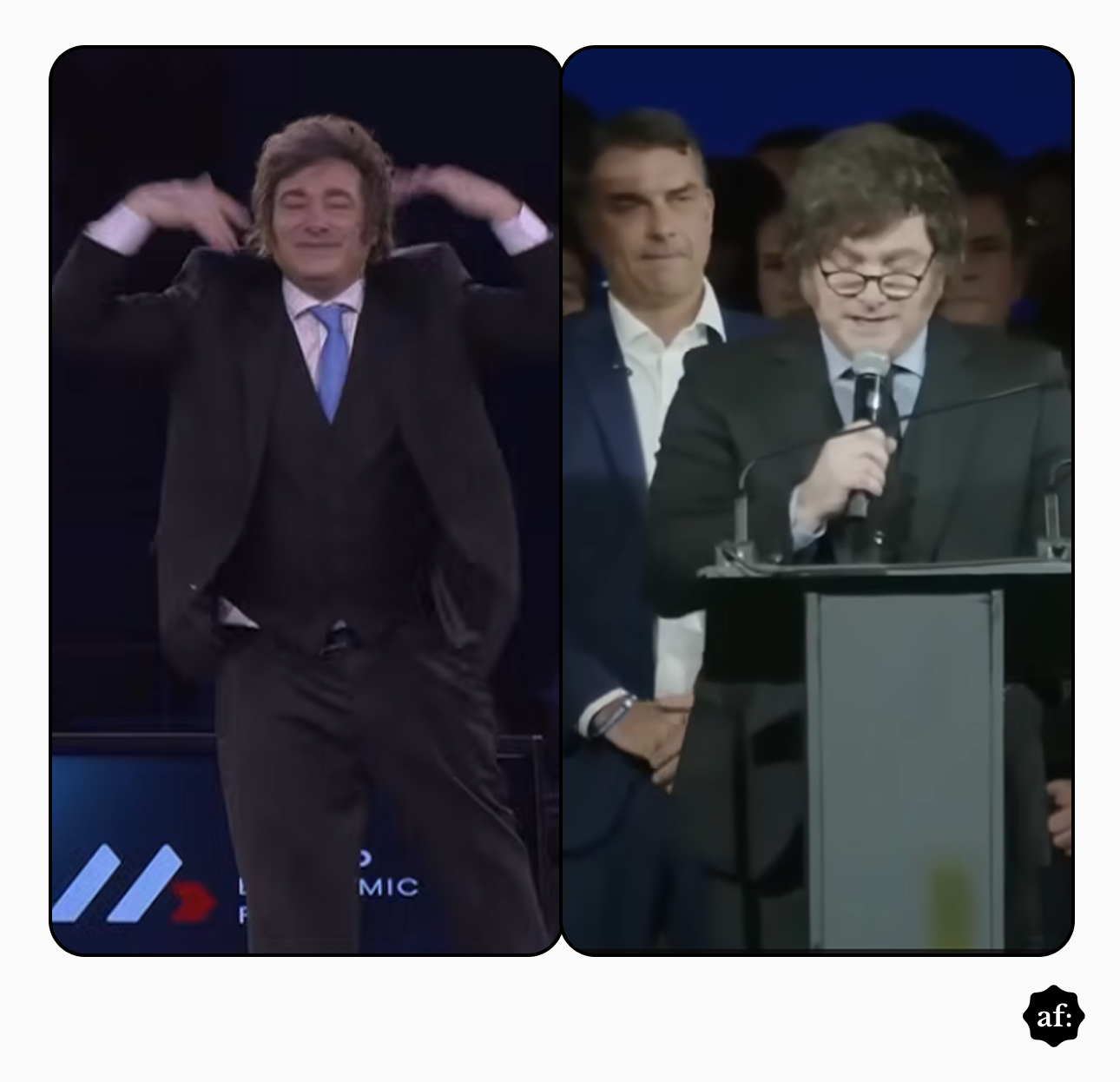 Uma imagem composta de duas capturas de tela verticais lado a lado, com bordas arredondadas e um fundo branco. À esquerda, Javier Milei está em um palco de conferência com os braços levantados em um gesto de celebração ou encolher de ombros irônico, vestindo um terno preto, colete e gravata azul-clara. O logotipo do World Economic Forum é visível no púlpito. À direita, Javier Milei, agora usando óculos de grau e um terno preto com gravata escura, está em um púlpito diferente, segurando um microfone com as duas mãos e lendo concentradamente. Atrás dele, à esquerda, o político brasileiro Flávio Bolsonaro o observa com uma expressão séria.