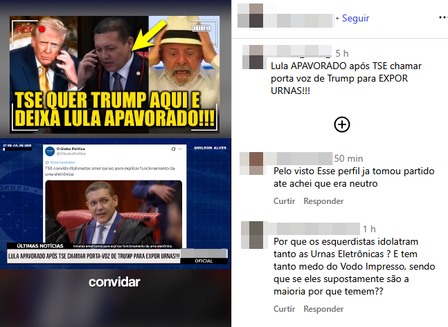 Montagem vertical dividida em seções. A parte superior simula uma miniatura de vídeo sensacionalista exibindo três recortes fotográficos lado a lado: Donald Trump ao telefone à esquerda, o ministro Kassio Nunes Marques também ao celular no centro (com uma grande seta amarela apontando para ele) e o presidente Lula com expressão de pânico segurando a cabeça à direita. Sobrepostos às imagens, há indicadores visuais simulando o visor de uma câmera gravando (‘REC’ e bateria) e letras garrafais amarelas com o texto ‘TSE QUER TRUMP AQUI E DEIXA LULA APAVORADO!!!’. A seção do meio simula uma tela de telejornal com fundo azul quadriculado. No centro, apresenta-se uma captura de tela de uma postagem da conta ‘O Globo Política’ com a manchete ‘TSE convida diplomatas americanos para explicar funcionamento da urna eletrônica’, acompanhada de uma foto de Nunes Marques no tribunal. Há um grande ícone translúcido de 'play' de vídeo sobreposto a essa foto. Na base desta seção, uma tarja de ‘ÚLTIMAS NOTÍCIAS’ exibe o texto em letras maiúsculas: 