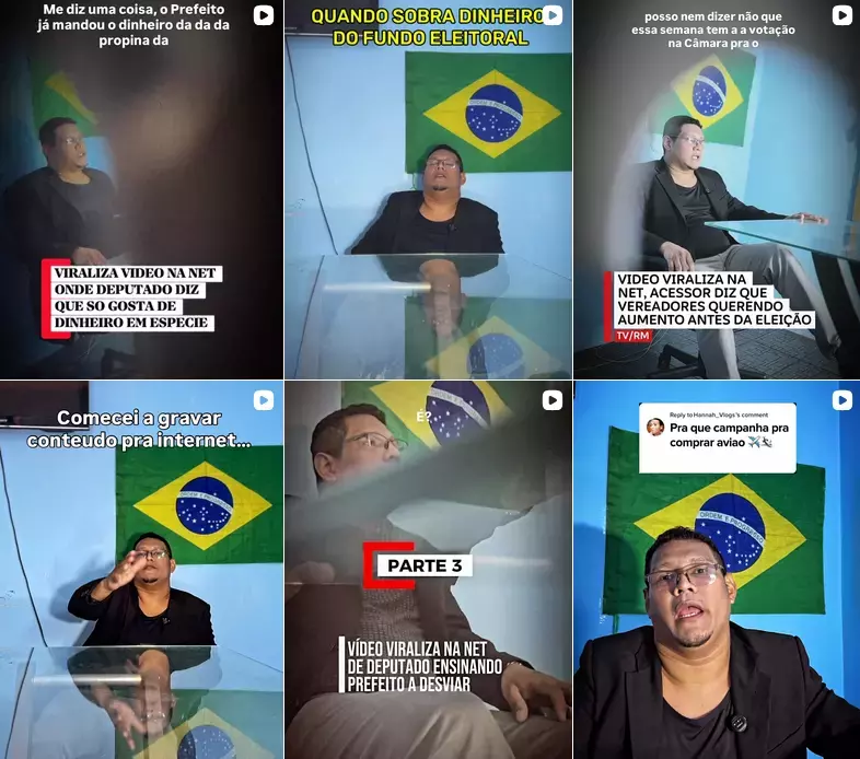 Montagem com seis imagens organizadas em duas linhas e três colunas simulando vídeos curtos de redes sociais. Todas mostram o mesmo homem de óculos, camiseta preta e paletó escuro sentado a uma mesa de vidro, com uma parede azul e a bandeira do Brasil ao fundo. Cada quadro apresenta textos sobrepostos distintos simulando manchetes ou legendas humorísticas/críticas.