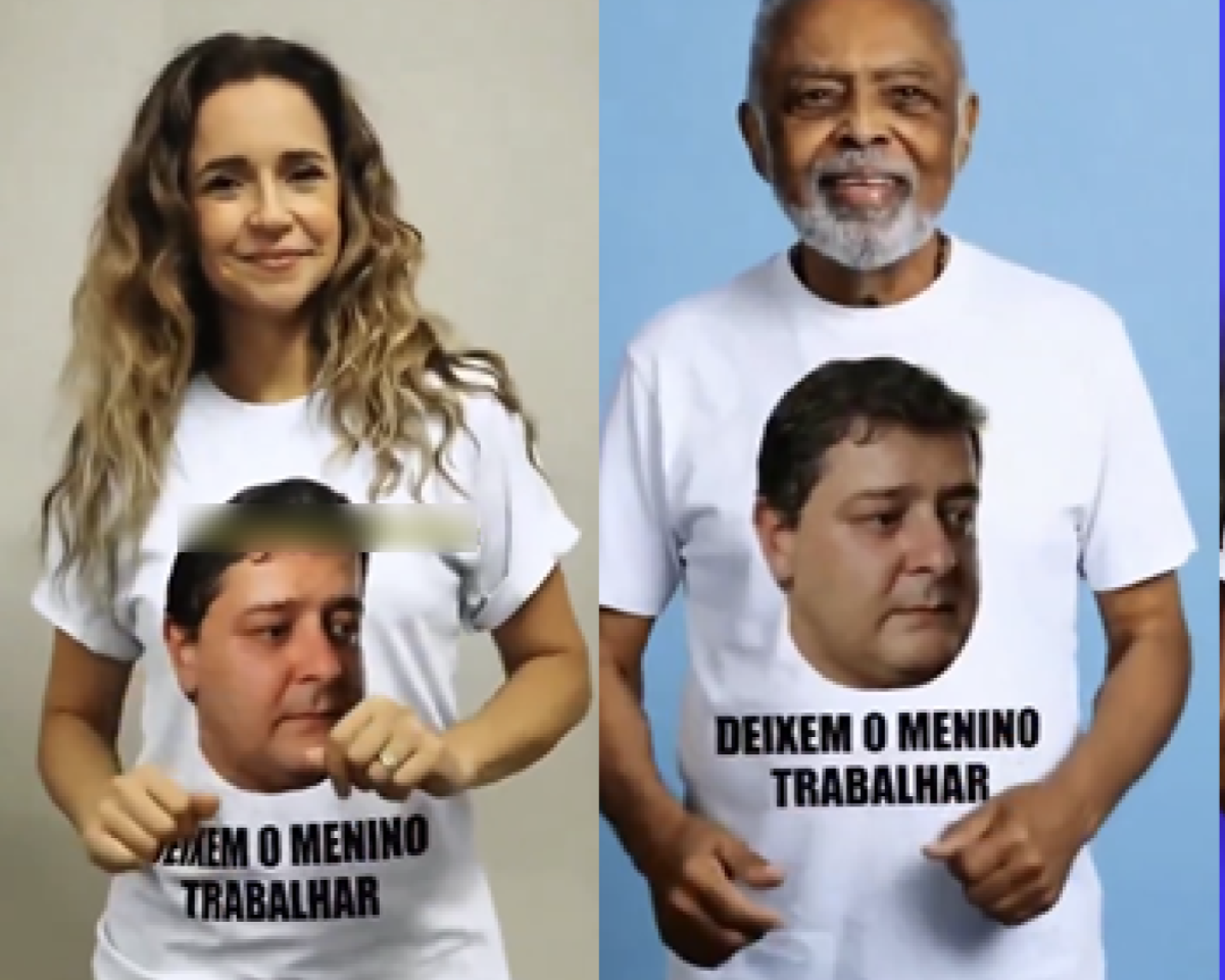A imagem é uma montagem composta por duas fotografias geradas por inteligência artificial lado a lado, separadas por uma faixa vertical. À esquerda está a representação de Daniela Mercury, uma mulher de cabelos longos e ondulados, castanhos com mechas mais claras. Ela veste uma camiseta branca com a estampa representando o rosto de Lulinha. Abaixo da imagem do rosto, aparece a frase 'DEIXEM O MENINO TRABALHAR' em letras pretas maiúsculas. Ela está com os braços dobrados à frente do corpo, com as mãos fechadas, como se estivesse fazendo um gesto de dança. À direita, está a representação de Gilberto Gil, um homem de barba e cabelos grisalhos, sorrindo para a câmera, também usando a mesma camiseta. Ele está com os braços levemente flexionados e as mãos posicionadas à frente do corpo. O fundo da foto da esquerda é uma parede clara, enquanto o da direita é azul-claro.