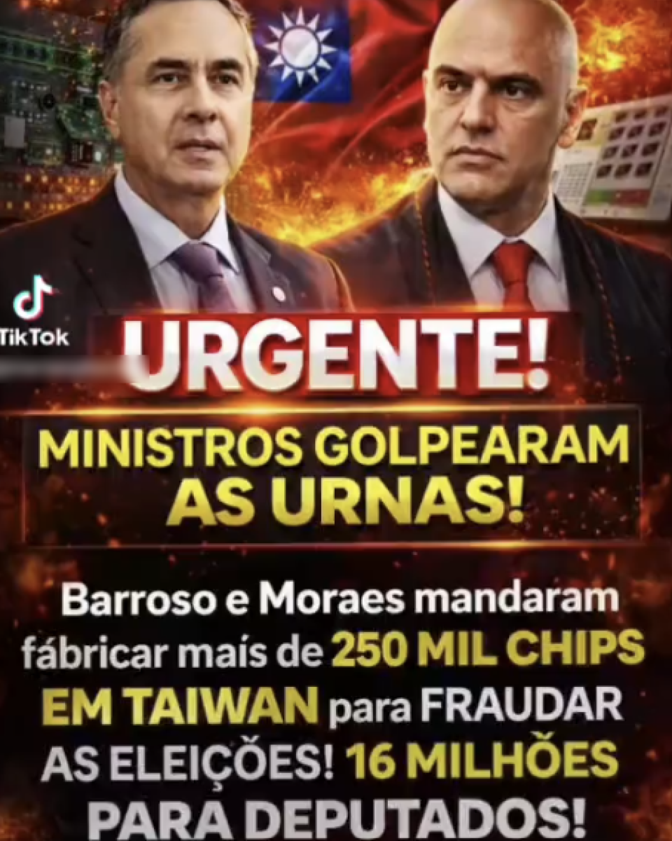 A imagem é uma montagem em formato vertical com fundo em tons de vermelho, laranja e preto, remetendo a chamas e faíscas. Na parte superior aparecem ilustrações geradas por IA de Luis Roberto Barroso, à esquerda, e Alexandre de Moraes, à direita. Barroso é um homem de cabelos curtos e grisalhos, usando terno escuro, camisa branca e gravata lilás. Moraes é um homem careca, também de terno escuro, camisa branca e gravata vermelha, olhando para o lado esquerdo da imagem. Entre eles, ao fundo, há uma pequena bandeira de Taiwan e ilustrações de uma placa eletrônica e de uma urna eletrônica. No centro da imagem há uma faixa vermelha com a palavra 'URGENTE!' em letras brancas maiúsculas. Logo abaixo, em letras amarelas grandes, aparece a frase 'MINISTROS GOLPEARAM AS URNAS!'. Na metade inferior, em letras brancas e amarelas, está o texto: 'Barroso e Moraes mandaram fabricar mais de 250 MIL CHIPS EM TAIWAN para FRAUDAR AS ELEIÇÕES! 16 MILHÕES PARA DEPUTADOS!'. Algumas expressões, como '250 MIL CHIPS', 'EM TAIWAN' e '16 MILHÕES', aparecem destacadas em amarelo, enquanto o restante do texto alterna entre branco e amarelo sobre o fundo escuro com efeitos de fogo.