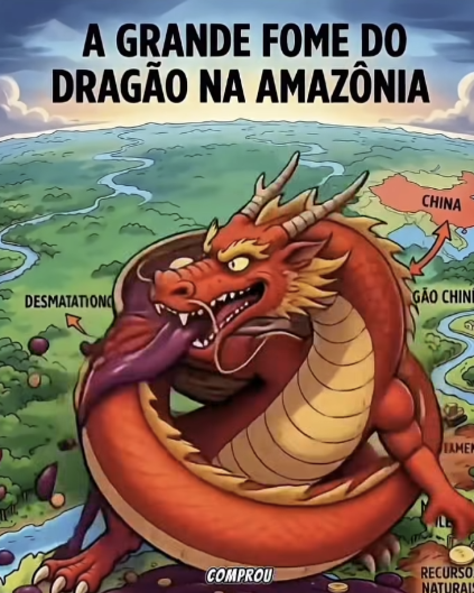 A imagem é uma ilustração em estilo cartunesco. Na parte superior, sobre um fundo de céu com nuvens e um horizonte iluminado, aparece o título em letras pretas maiúsculas: 'A GRANDE FOME DO DRAGÃO NA AMAZÔNIA'. Ao centro, há um grande dragão vermelho e alaranjado com barriga amarela, chifres, presas e língua comprida para fora. O dragão está enrolado sobre si mesmo, ocupando quase toda a imagem, com expressão agressiva e boca aberta. O fundo representa uma vista aérea de uma floresta cortada por rios sinuosos. À direita, há um pequeno mapa com a palavra 'CHINA' sobre uma área destacada em vermelho e uma seta apontando em direção à região da Amazônia. Na parte inferior da imagem, sobre a região das patas do dragão, aparece a palavra 'COMPROU' em letras brancas. No canto inferior direito há mais textos parcialmente visíveis, entre eles 'RECURSOS NATURAIS', além de outros elementos cortados pelas bordas da imagem.