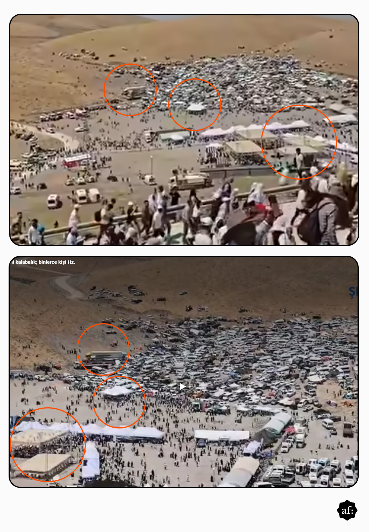 A imagem exibe uma composição de dois painéis sobrepostos que mostram uma grande aglomeração de pessoas e veículos em uma paisagem montanhosa e árida de tons castanhos. No painel superior, a perspectiva revela pequenas figuras humanas caminhando em primeiro plano ao longo do que parece ser uma barreira — cujas características físicas específicas de cor de pele, cabelo e vestuário não são discerníveis devido à grande distância —, rodeadas por diversos carros, vans e estruturas brancas semelhantes a tendas. Três círculos laranjas destacam elementos específicos nesta cena: um veículo longo e claro, uma pequena tenda de teto quadrado e uma grande estrutura coberta retangular. O painel inferior apresenta uma vista aérea mais ampla do mesmo local, exibindo uma vasta multidão, fileiras de veículos estacionados e o mesmo conjunto de tendas, com os três círculos laranjas marcando os exatos mesmos pontos destacados no painel superior. 
