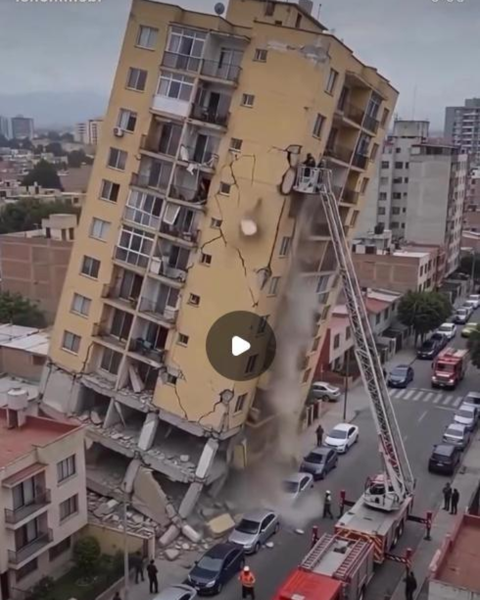 A imagem mostra uma cena urbana vista de um ponto elevado. No centro, há um edifício residencial alto, de fachada amarela, inclinado para o lado e com grandes rachaduras visíveis nas paredes. Parte da estrutura inferior do prédio está destruída, com concreto, paredes e outros materiais espalhados na rua. Algumas janelas e varandas estão danificadas. Ao lado do edifício há um caminhão de bombeiros vermelho com uma escada mecânica estendida até a parte superior da construção. Outro caminhão vermelho está parado mais abaixo na rua. Diversas pessoas estão espalhadas pelas calçadas e pela via, algumas próximas aos veículos de emergência. Há vários carros estacionados e circulando pela rua. Ao fundo, aparecem outros edifícios residenciais e comerciais de diferentes alturas, além de uma área urbana extensa. O céu está nublado.