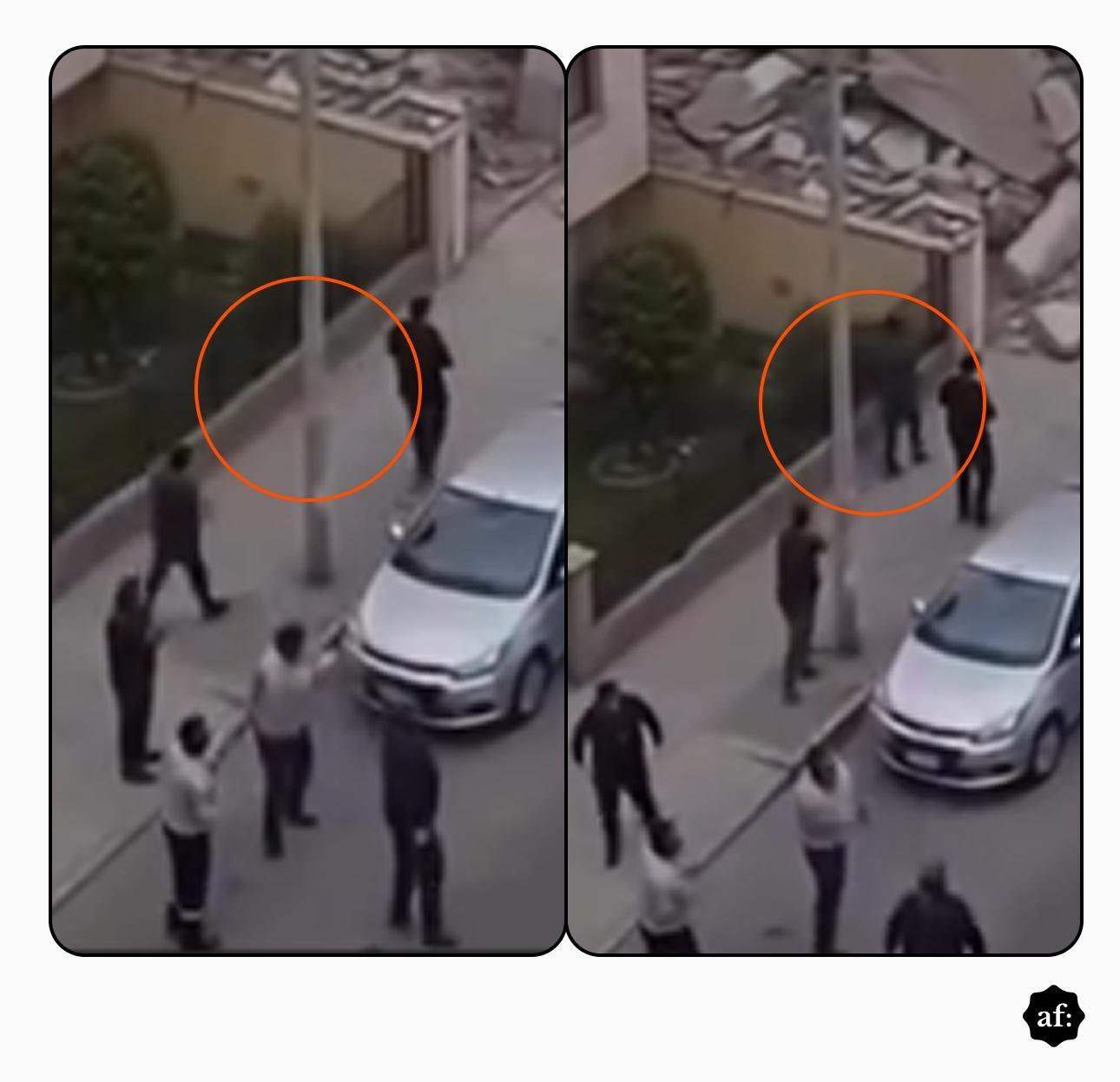 A imagem é uma montagem com duas fotografias lado a lado, mostrando uma calçada vista de cima. Em ambas, há várias pessoas caminhando próximas a um carro branco estacionado junto à calçada. À esquerda, duas pessoas aparecem dentro de um círculo laranja desenhado sobre a imagem; à direita, o mesmo trecho é mostrado novamente, também destacado por um círculo laranja. No local destacado, há uma estrutura vertical junto à borda de uma área ajardinada, e pessoas passam próximas a ela. Ao fundo, aparecem uma área com plantas, um muro e outros veículos. Na parte inferior direita da montagem há um pequeno logotipo preto com as letras 'af.'.