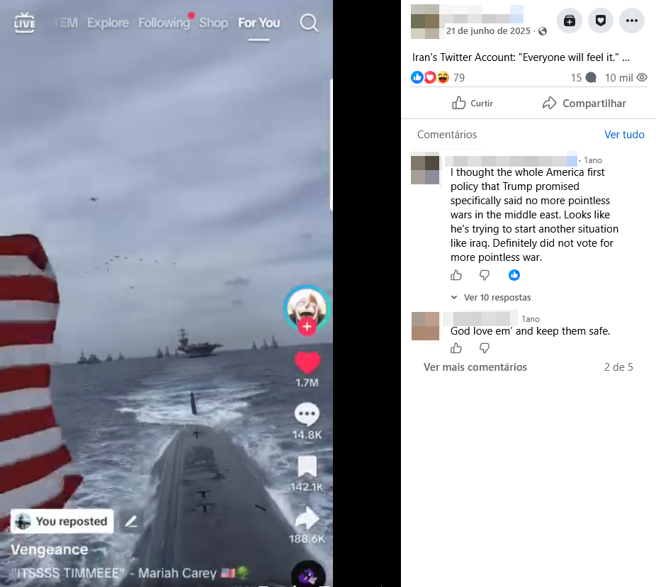 Imagem apresenta uma composição dividida verticalmente em duas partes. À esquerda, uma captura de tela de um aplicativo de vídeos curtos exibe uma cena marítima vista a partir do convés de um submarino em movimento, com parte de uma grande bandeira dos Estados Unidos visível à esquerda, além de um porta-aviões, navios menores e uma formação de aeronaves ao fundo sob um céu nublado; sobrepostos à imagem estão ícones com altos números de interação e os textos 'Vengeance' e 'ITSSSS TIMMEEE'. À direita, uma captura de tela de uma rede social exibe uma publicação datada de '21 de junho de 2025' contendo a frase 'Iran's Twitter Account: 'Everyone will feel it.' ...', seguida por comentários em inglês e avatares borrados de usuários, onde um dos textos visíveis discute políticas americanas, menciona Donald Trump e expressa preocupação com guerras no Oriente Médio.