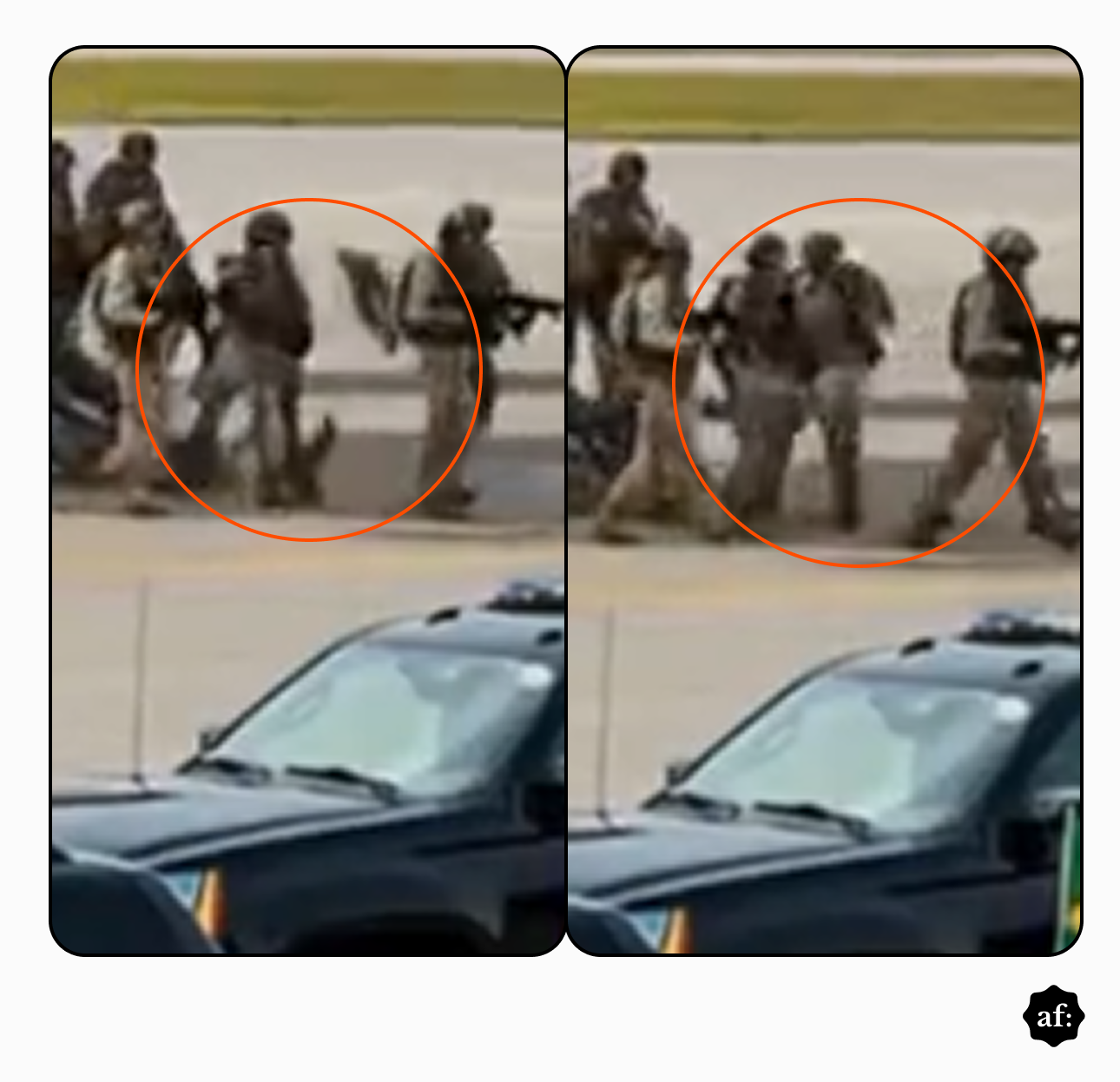 A imagem é composta por dois painéis lado a lado, de baixa resolução e com bordas arredondadas, sobre um fundo cinza claro. Na parte inferior de ambos os painéis, está visível o teto de um veículo SUV preto e desfocado. No segundo plano, um grupo de figuras humanas vestindo trajes táticos de cor bege, capacetes e coletes de proteção caminha sobre uma superfície de asfalto desfocada. Algumas das figuras seguram equipamentos ou objetos longos. Um círculo laranja destacado em ambas as imagens envolve duas figuras centrais. No painel da esquerda, uma das figuras parece cortada ao meio e outra está em pé ao lado dela. No painel da direita, as mesmas duas figuras estão em pé e caminhando lado a lado. 