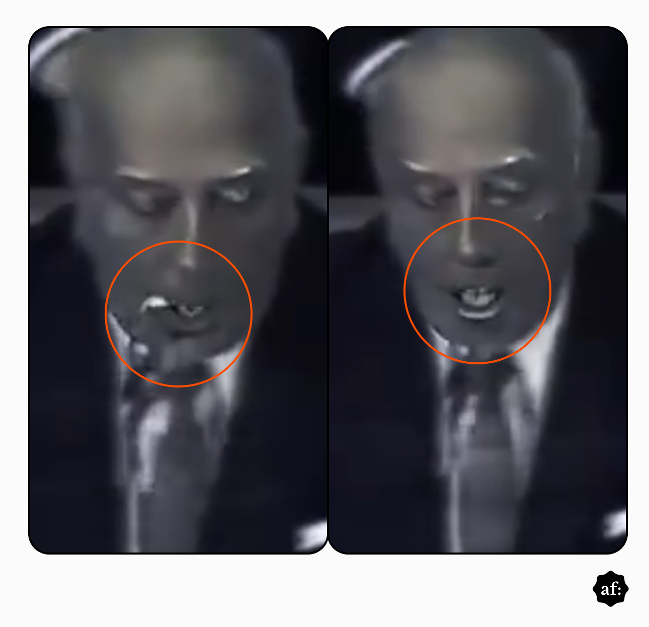 A imagem exibe duas capturas de tela verticais lado a lado com bordas arredondadas, ambas em preto e branco com baixa resolução, mostrando um homem de pele clara, calvo no topo e com cabelos claros nas laterais, vestindo um terno escuro, camisa branca e gravata. O homem está falando ao microfone, que aparece parcialmente visível. Em ambas as capturas, a área da boca do homem está circulada por uma linha laranja. Na captura da esquerda, a boca está aberta, mostrando a dentição, enquanto na captura da direita, a boca está mais fechada, também exibindo os dentes. O fundo está desfocado e escuro.