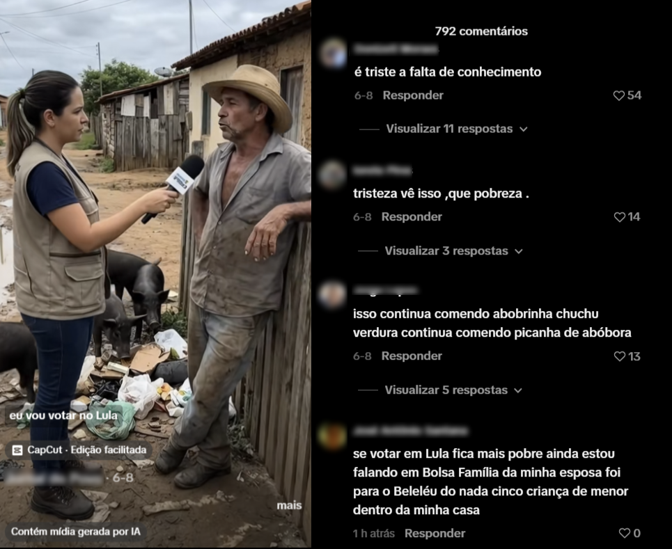 A imagem mostra um vídeo no qual uma repórter entrevista um homem em uma área rural e periférica, diante de uma casa simples e próxima a uma pilha de lixo. Sobre o vídeo aparece a legenda 'eu vou votar no Lula' e a indicação de que ele contém mídia gerada por IA. Ao lado, são exibidos alguns comentários da publicação, que tinha 792 comentários. Em sequência, os comentários dizem: 'é triste a falta de conhecimento'; 'tristeza vê isso, que pobreza'; 'isso continua comendo abobrinha chuchu verdura continua comendo picanha de abóbora'; e o texto de um usuário afirmando que, se votar em Lula, ficará mais pobre, mencionando também o Bolsa Família e um problema envolvendo sua esposa e crianças.