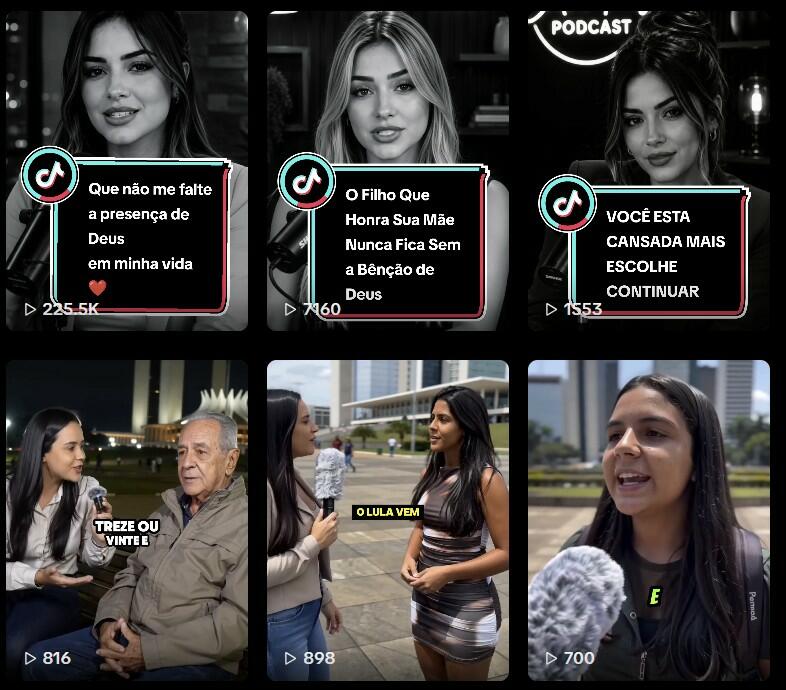 A imagem mostra seis vídeos curtos organizados em uma grade de dois por três. Na primeira linha, os três vídeos apresentam mulheres jovens geradas por IA em imagens em preto e branco, com estética de podcast. O primeiro traz a frase 'Que não me falte a presença de Deus em minha vida' e registra 225,5 mil visualizações. O segundo diz 'O Filho Que Honra Sua Mãe Nunca Fica Sem a Bênção de Deus' e tem 760 visualizações. O terceiro apresenta a mensagem 'VOCÊ ESTÁ CANSADA MAS ESCOLHE CONTINUAR' e registra 1.553 visualizações. Na segunda linha, os três vídeos mostram entrevistas de rua. No primeiro, uma mulher entrevista um homem idoso à noite, enquanto aparece a legenda 'TREZE OU VINTE E'. O vídeo tem 816 visualizações. No segundo, uma mulher entrevista outra mulher em frente a edifícios; a legenda visível diz 'O LULA VEM', e o vídeo tem 898 visualizações. No terceiro, aparece uma jovem sendo entrevistada em um ambiente externo, com a letra 'E' destacada na legenda, e o vídeo registra 700 visualizações. 