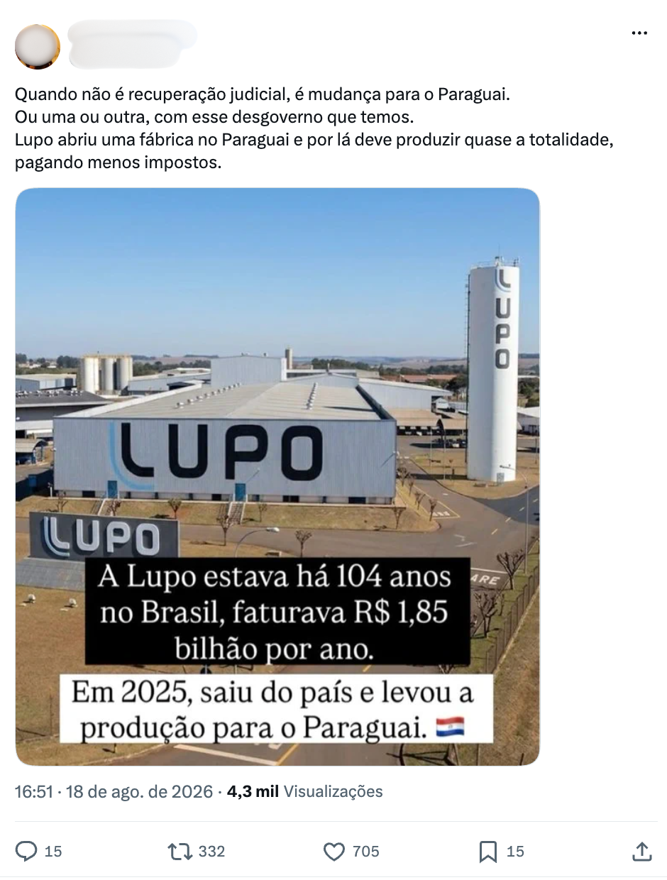 Captura de tela de uma publicação na rede social X (antigo Twitter). No topo, a legenda da publicação diz: 'Quando não é recuperação judicial, é mudança para o Paraguai. Ou uma ou outra, com esse desgoverno que temos. Lupo abriu uma fábrica no Paraguai e por lá deve produzir quase a totalidade, pagando menos impostos.' Logo abaixo, há uma foto aérea de um complexo industrial com galpões cinzas e uma torre d'água branca, todos com a palavra 'LUPO' estampada. Sobre a imagem, há duas caixas de texto sobrepostas. A primeira, com fundo preto e letras brancas, diz: 'A Lupo estava há 104 anos no Brasil, faturava R$ 1,85 bilhão por ano.' A segunda, com fundo branco e letras pretas, diz: 'Em 2025, saiu do país e levou a produção para o Paraguai.' acompanhada do emoji da bandeira do Paraguai.