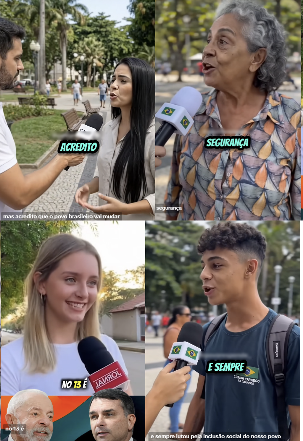 A imagem é uma montagem dividida em quatro cenas verticais, todas mostrando pessoas geradas por IA sendo entrevistadas em um parque ou praça arborizada. Na primeira cena, à esquerda, uma mulher de cabelos longos e pretos conversa com um homem parcialmente visível, que segura um microfone em direção a ela. Sobre a imagem aparece a palavra 'ACREDITO' em letras destacadas. Na parte inferior, há a legenda 'mas acredito que o povo brasileiro vai mudar'. Na segunda cena, uma mulher idosa de cabelos grisalhos e cacheados, usando uma camisa estampada, fala diante de um microfone com uma pequena bandeira do Brasil. Sobre a imagem aparece a palavra 'SEGURANÇA'. Na terceira cena, uma jovem loira, de cabelos compridos, sorri enquanto é entrevistada. Um microfone vermelho aparece diante dela. Sobre a imagem aparece a frase 'NO 13 É’. Na quarta cena, um jovem de cabelos escuros e cacheados, usando camiseta escura e mochila, conversa com um entrevistador que segura um microfone com símbolos da bandeira do Brasil. Sobre a imagem aparecem as palavras 'E SEMPRE' no centro e, na parte inferior, lê-se 'e sempre lutou pela inclusão social do nosso povo'.