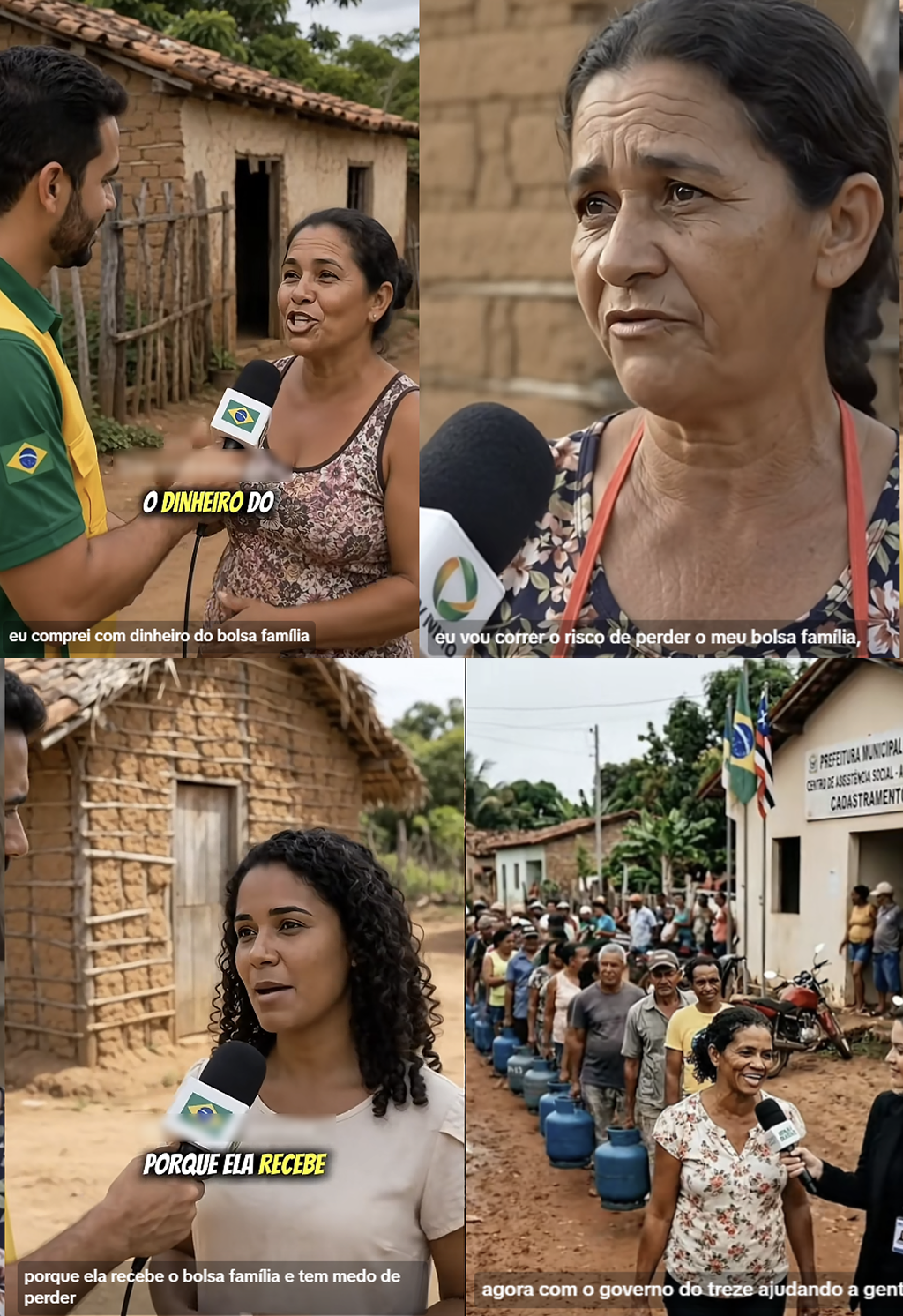A imagem é uma montagem dividida em quatro cenas verticais ambientadas em uma região rural. Na primeira cena, um homem usando uma camiseta verde e amarela segura um microfone diante de uma mulher que veste uma blusa estampada. Ao fundo há uma casa simples, com paredes de barro, telhado de telhas e uma cerca de madeira. Na parte inferior, lê-se 'eu comprei com dinheiro do bolsa família'. Na segunda cena, aparece em primeiro plano uma mulher de cabelos escuros presos para trás, usando uma blusa estampada e um avental vermelho. Um microfone é direcionado a ela. Ao fundo, vê-se uma parede de barro. Na parte inferior, está escrito 'eu vou correr o risco de perder o meu bolsa família'. Na terceira cena, uma mulher de cabelos pretos cacheados e blusa clara é entrevistada por uma pessoa parcialmente visível. Ela está diante de um microfone com um símbolo semelhante à bandeira do Brasil. Ao fundo há uma casa de barro e uma área de terra. Na parte inferior, lê-se 'porque ela recebe o bolsa família e tem medo de perder'. Na quarta cena, há uma rua de uma comunidade rural com várias pessoas formando uma fila em frente a um prédio. Na fachada, há uma placa com o texto 'PREFEITURA MUNICIPAL DE CODÓ' e outras informações sobre cadastro. Bandeiras estão posicionadas próximas à entrada. Em primeiro plano, uma mulher de blusa estampada é entrevistada por outra mulher que usa roupa escura e crachá. Na parte inferior, aparece a legenda 'agora com o governo do treze ajudando a gente'.