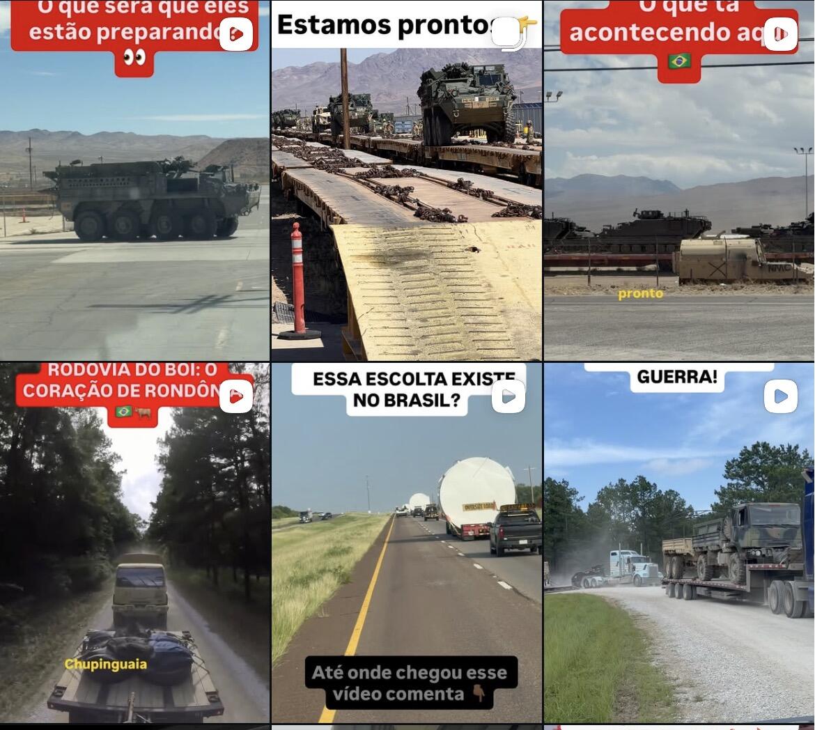  A imagem mostra uma captura de tela de uma grade de publicações no Instagram. Entre as fotos estão tanques. Legendas em tarjas brancas mostram mensagens como 'essa escolta existe no Brasil?' e 'o que eles estão preparando?' 