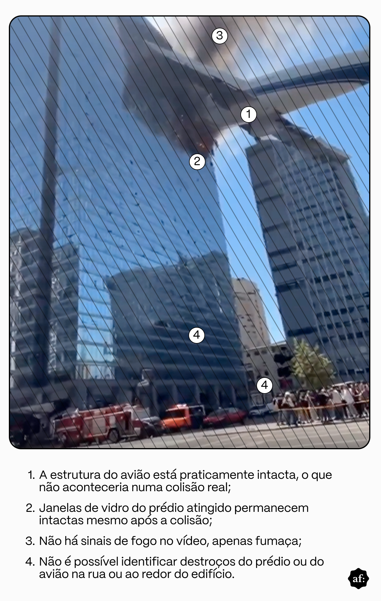 Captura de tela de um vídeo na qual um grande avião comercial aparece colidindo com a fachada de vidro de um arranha-céu moderno em uma área urbana. Muita fumaça escura sai do ponto de impacto no edifício. Na parte superior da imagem, há dois textos sobrepostos em letras garrafais: em branco, lê-se 'ATAQUE IRANIANO EM TEL AVIV' e, logo abaixo, em amarelo, 'avião iranianos atingem área militar em Israel'. Na parte inferior da rua, vêem-se veículos de emergência, como um caminhão de bombeiros, e algumas pessoas observando. No canto inferior direito, há um ícone de alto-falante mutado.