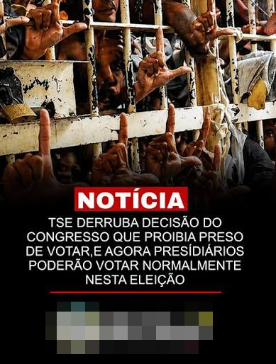 Imagem exibe, em sua metade superior, um grupo de pessoas — predominantemente homens com tons de pele variados e cabelos escuros — aglomerados em um espaço escuro atrás de grades metálicas claras e com pintura desgastada, havendo um cadeado dourado visível à esquerda. Diversas mãos e braços atravessam os vãos das grades realizando um gesto no qual o polegar e o dedo indicador formam a letra 'L'. A metade inferior da composição apresenta um fundo preto sólido contendo um retângulo vermelho com a palavra 'NOTÍCIA' em letras maiúsculas brancas, logo acima do seguinte texto, também em letras maiúsculas brancas: 'TSE DERRUBA DECISÃO DO CONGRESSO QUE PROIBIA PRESO DE VOTAR,E AGORA PRESÍDIÁRIOS PODERÃO VOTAR NORMALMENTE NESTA ELEIÇÃO'. Na base da imagem, observa-se uma área retangular obscurecida por um efeito de borrão quadriculado.