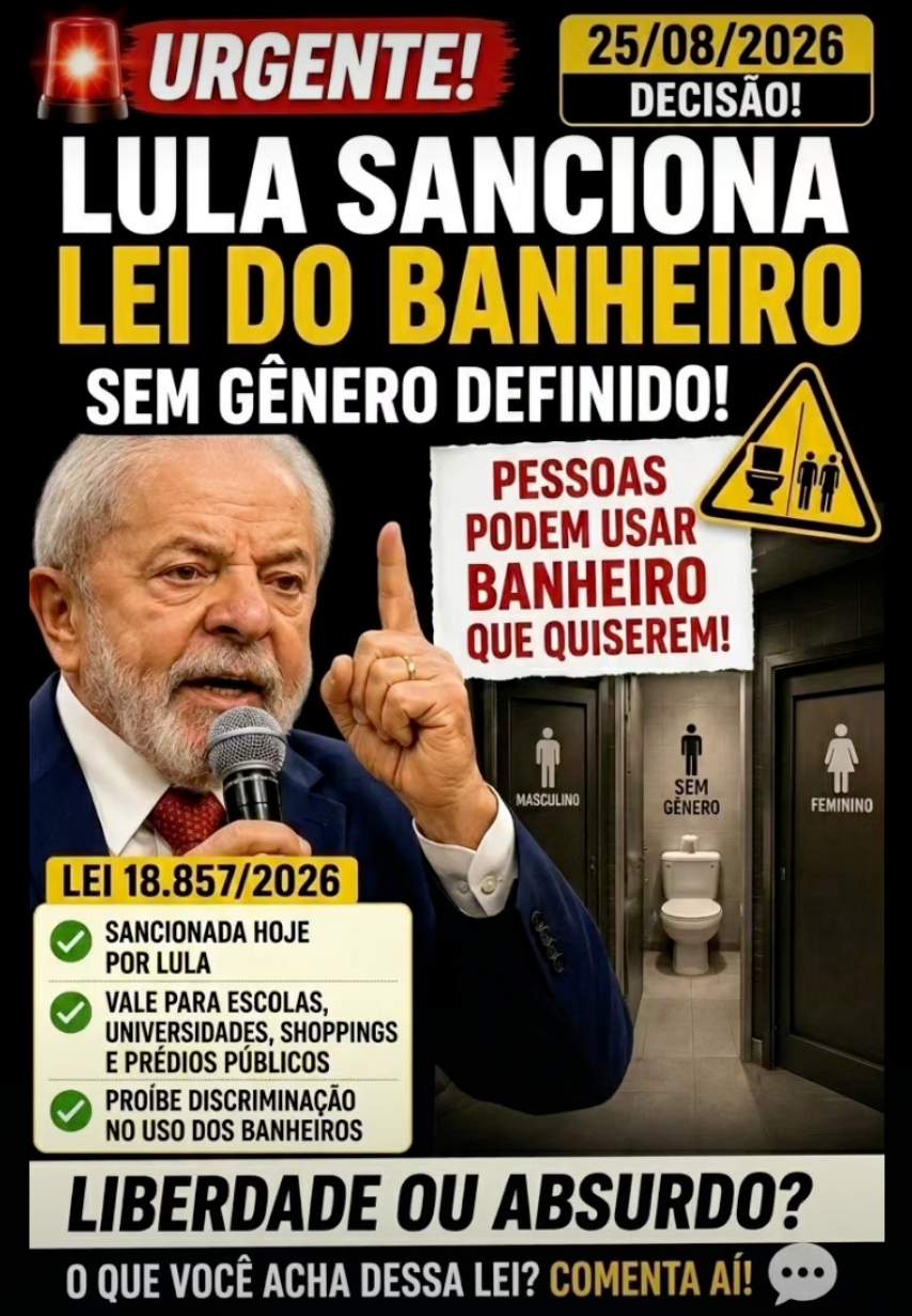 Montagem em formato de cartaz digital com fundo preto e diversos elementos visuais e de texto em destaque. No topo, há a imagem de uma sirene de emergência vermelha acesa à esquerda da palavra 'URGENTE!' em caixa alta e cores branca e vermelha. À direita, uma caixa de texto traz a data '25/08/2026 DECISÃO!'. Logo abaixo, o título principal em letras grandes brancas e amarelas diz: 'LULA SANCIONA LEI DO BANHEIRO SEM GÊNERO DEFINIDO!'. Na metade esquerda do cartaz, aparece uma foto de busto do presidente Luiz Inácio Lula da Silva falando ao microfone com o dedo indicador direito erguido. Abaixo da imagem, um retângulo amarelo com a inscrição 'LEI 18.857/2026' é seguido por três itens marcados com ícones de verificação verdes: * SANCIONADA HOJE POR LULA * VALE PARA ESCOLAS, UNIVERSIDADES, SHOPPINGS E PRÉDIOS PÚBLICOS * PROÍBE DISCRIMINAÇÃO NO USO DOS BANHEIROS Na metade direita, há um recorte de papel simulado com o texto em vermelho e preto: 'PESSOAS PODEM USAR BANHEIRO QUE QUISEREM!'. Ao lado dessa frase, um sinal triangular de alerta amarelo exibe o desenho de um vaso sanitário e duas figuras humanas. Abaixo da nota, é mostrada a foto do interior de um banheiro público com três portas de cabines marcadas com placas explicativas: 'MASCULINO', 'SEM GÊNERO' (com a porta aberta revelando um vaso sanitário ao fundo) e 'FEMININO'. No rodapé, sobre uma faixa bege clara, a frase de engajamento diz em caixa alta: 'LIBERDADE OU ABSURDO? O QUE VOCÊ ACHA DESSA LEI? COMENTA AÍ!'. No canto inferior direito, há um ícone de balão de diálogo com três pontos, simbolizando comentários.