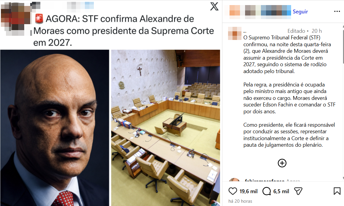 A imagem é uma captura de tela de uma publicação no Instagram. À esquerda, há uma montagem com um retrato em close do ministro Alexandre de Moraes, usando terno escuro, camisa branca e gravata vermelha, ao lado de uma fotografia do plenário do Supremo Tribunal Federal (STF). No topo, o texto diz: AGORA: STF confirma Alexandre de Moraes como presidente da Suprema Corte em 2027. À direita, a legenda da publicação afirma que o STF confirmou que Moraes deverá assumir a presidência da Corte em 2027, sucedendo Edson Fachin, e que ele comandará o tribunal por dois anos.