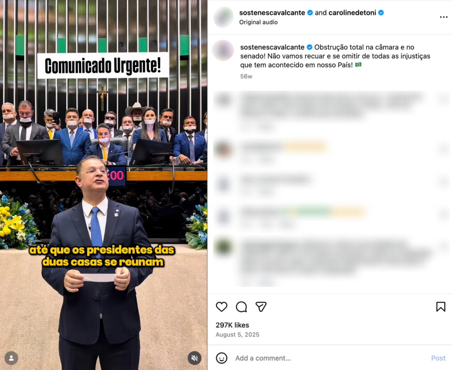 Captura de tela de uma publicação do Instagram de sostenescavalcante em colaboração com carolinedetoni. Na parte superior, a legenda diz: ‘Obstrução total na câmara e no senado! Não vamos recuar e se omitir de todas as injustiças que tem acontecido em nosso País!’. Abaixo da legenda, há um vídeo em formato vertical. No primeiro plano, o deputado federal  Sóstenes Cavalcante aparece em pé, vestindo terno escuro e gravata azul, segurando um papel com as duas mãos à frente do corpo. Ele está no plenário do Senado Federal, com o plenário ao fundo. Ao fundo, na bancada elevada, vários parlamentares usam fitas sobre a boca  de cor branca. Sobre a estrutura do plenário, há um retângulo branco centralizado com a frase 'Comunicado Urgente!' em letras pretas e em caixa alta. Na margem inferior do vídeo, é exibida a barra de reprodução com a marcação de tempo '0:00 / 1:33' e os ícones de controle de mídia. Na parte inferior da imagem, constam o horário e a data da postagem: '4:33 PM · 2 de set de 2026', seguidos do alcance de '111 mil Visualizações'. 