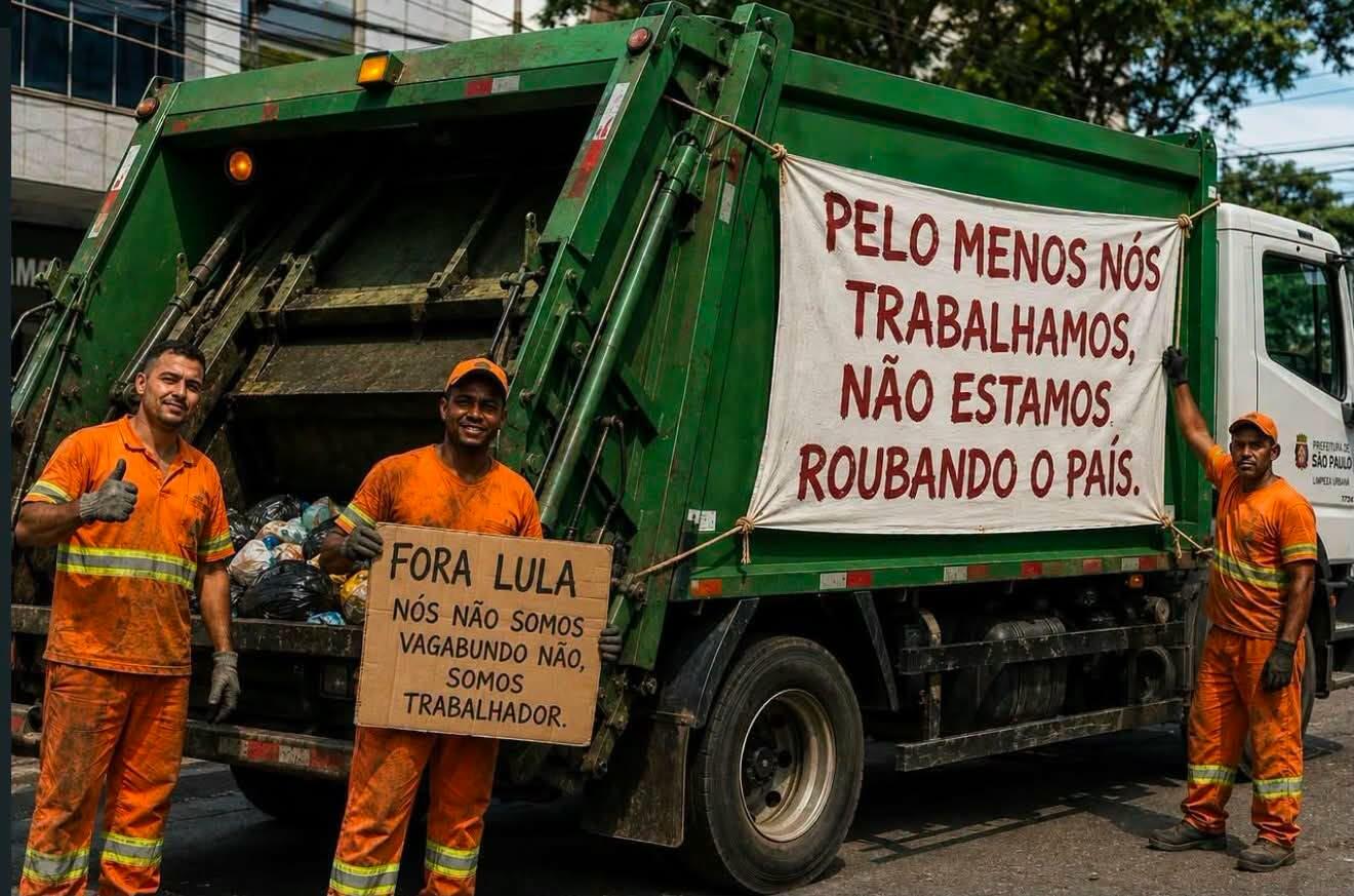 Três trabalhadores da limpeza urbana — um homem de pele clara e dois de pele parda, todos vestindo uniformes laranjas e usando bonés laranjas — estão posicionados ao lado e atrás de um caminhão de lixo verde em uma rua urbana. O trabalhador à esquerda, de pele clara e cabelo curto escuro, faz um sinal de positivo com o polegar. O trabalhador ao centro segura com as duas mãos uma placa de papelão com o texto manuscrito em preto: ‘FORA LULA NÓS NÃO SOMOS VAGABUNDO NÃO, SOMOS TRABALHADOR.’. O trabalhador à direita, de pele parda e boné laranja, apoia-se no caminhão. A caçamba traseira do caminhão de coleta está aberta e contém sacos de lixo e detritos. Amarrado à lateral direita da carroceria do caminhão, um banner de pano branco exibe texto em letras maiúsculas vermelhas e marrons: ‘PELO MENOS NÓS TRABALHAMOS, NÃO ESTAMOS ROUBANDO O PAÍS.’. Um logo da Prefeitura de São Paulo é visível na porta da cabine branca do caminhão. 
