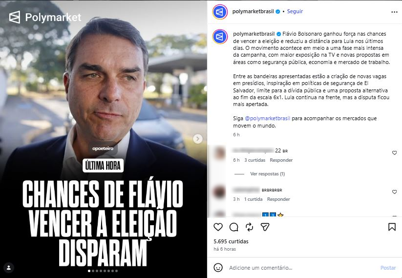 Post no Instagram da @polymarketbrasil (agora @polymarketportugues) do dia 31.ago.2026. Esse é um dos posts mais explícitos realizado pelo Polymarket, apesar de a empresa estar proibida de ofertar e divulgar o serviço no Brasil desde 24 de abril deste ano. 