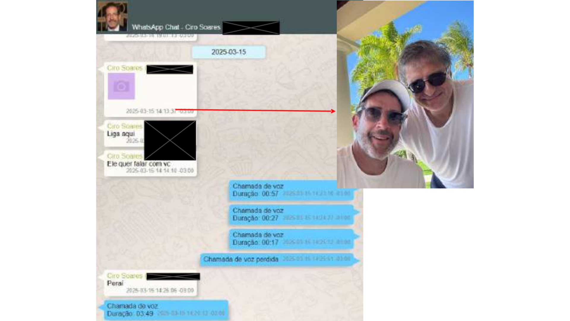 Uma composição exibe à esquerda a captura de tela de um aplicativo de mensagens e à direita uma fotografia. Na tela de conversa, intitulada ‘WhatsApp Chat - Ciro Soares’, há balões de texto brancos e azuis sobre um fundo claro estampado. Os balões brancos contêm trechos encobertos por tarjas retangulares pretas e as mensagens ‘Liga aqui’, ‘Ele quer falar com vc’ e ‘Perai’, além da indicação de envio de um arquivo de imagem, de onde parte uma linha vermelha com uma seta apontando para a fotografia posicionada na lateral direita. Os balões azuis registram chamadas de voz com diferentes durações, como ‘Chamada de voz Duração: 00:57’, e uma ‘Chamada de voz perdida’. A fotografia exibe dois homens de pele clara sorrindo em um ambiente externo ensolarado, com palmeiras e céu azul ao fundo; ambos vestem camisetas de mangas curtas brancas e óculos com lentes escuras. O homem posicionado à esquerda possui barba curta grisalha e usa um boné branco, enquanto o homem à direita, levemente inclinado em direção ao centro, possui cabelos curtos grisalhos. 