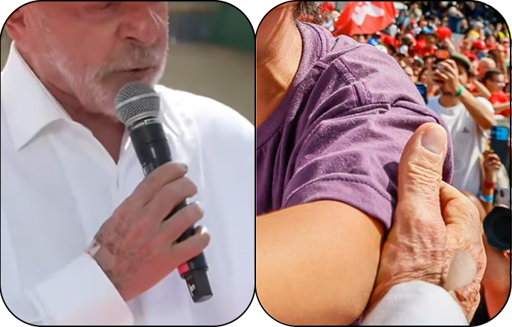 Composição dividida em duas imagens lado a lado, com bordas arredondadas. À esquerda, vê-se um recorte focado em Luiz Inácio Lula da Silva — homem de pele clara e barba branca —, vestindo camisa branca e segurando um microfone escuro; o destaque recai sobre a sua mão, que apresenta uma mancha ou textura anômala e distorcida próxima ao pulso e à base do polegar, assemelhando-se a um erro de renderização digital ou um curativo mal mesclado à pele. À direita, o painel foca em uma mão envelhecida, saindo de uma manga de tom claro, que repousa sobre o ombro de alguém vestindo uma camiseta roxa; esta mão exibe nitidamente seis dedos, um artefato visual característico de imagens geradas por inteligência artificial. Ao fundo dessa segunda cena, nota-se uma multidão desfocada sob luz do sol, com pessoas levantando celulares para fotografar e a forte presença de itens na cor vermelha, como bonés e bandeiras. 