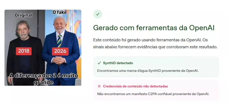 Composição dividida em duas seções principais. À esquerda, exibe-se uma montagem fotográfica comparando duas imagens de Luiz Inácio Lula da Silva. A figura da esquerda, rotulada com o texto 'Original' no topo e '2018' dentro de um retângulo vermelho, mostra-o com uma expressão séria, vestindo roupas escuras. A figura da direita, identificada como 'O fake' no topo e '2026' em outro retângulo vermelho, exibe-o sorridente, usando um terno azul e uma gravata com listras verdes e amarelas. Na parte inferior desta montagem, lê-se o texto 'A diferença dos 2 é muito grande' com letras brancas e contorno preto. A seção direita da imagem exibe uma interface gráfica com fundo branco, projetada para se assemelhar a uma ferramenta de verificação de autenticidade. No topo, ao lado de um ícone circular verde com um sinal de visto, destaca-se o texto em verde escuro 'Gerado com ferramentas da OpenAI', seguido por um parágrafo explicativo. Abaixo, há dois blocos de status: o primeiro, com fundo verde claro, indica 'SynthID detectado'.