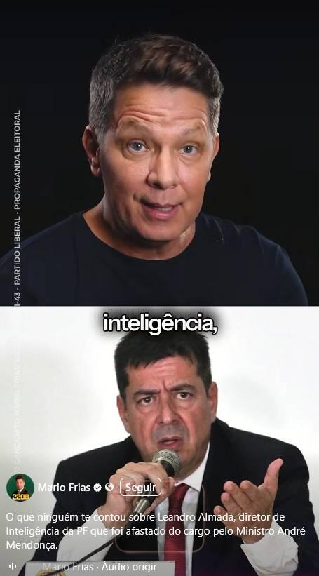 Uma captura de tela exibe na parte superior o texto em letras escuras: 'O que ninguém te contou sobre Leandro Almada, diretor de Inteligência da PF que foi afastado do cargo pelo Ministro André Mendonça.'. Abaixo, um reprodutor de vídeo de formato vertical mostra um homem de pele clara e cabelo curto castanho, vestindo uma camiseta escura de mangas curtas. Ele gesticula com as mãos diante de um fundo totalmente preto, e sobre o seu tórax aparece uma legenda em letras brancas que diz 'que surgiu uma das mentiras'. Na lateral esquerda da imagem do vídeo, um texto vertical em letras pequenas informa 'CNPJ CANDIDATO MARIO FRIAS: 68.352.881/0001-63 - PARTIDO LIBERAL - PROPAGANDA ELEITORAL'. Na parte inferior do quadro do vídeo, há uma barra de reprodução com o marcador de tempo '0:23 / 1:08' e ícones padrão de controle de mídia, como botão de reproduzir, legendas, volume, configurações e tela cheia.