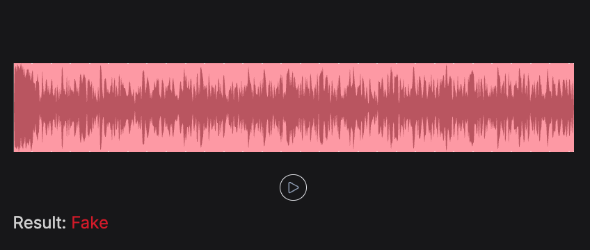 'Captura de tela de uma interface de análise de áudio sobre fundo escuro. No centro superior, há uma barra horizontal rosa exibindo a forma de onda espectral do áudio. Logo abaixo da forma de onda, há um botão circular de reprodução (play) com contorno fino. No canto inferior esquerdo, consta o texto 'Result: Fake', onde a palavra 'Result:' está em branco e a palavra 'Fake' em destaque na cor vermelha.'