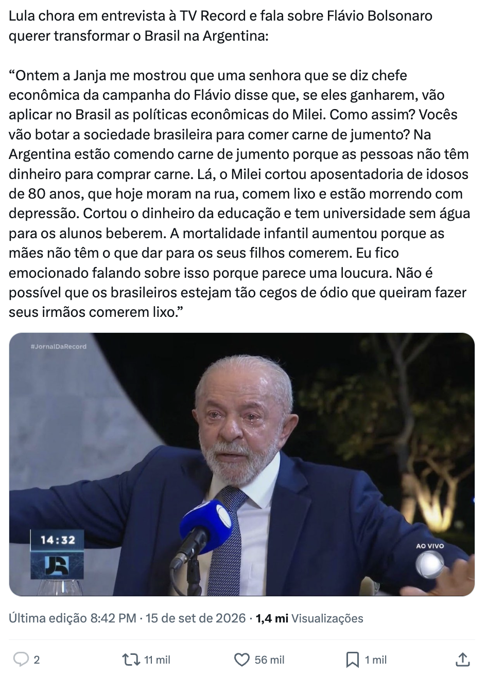 'Captura de tela de uma publicação de rede social na qual aparece o seguinte texto: 'Lula chora em entrevista à TV Record e fala sobre Flávio Bolsonaro querer transformar o Brasil na Argentina: 'Ontem a Janja me mostrou que uma senhora que se diz chefe econômica da campanha do Flávio disse que, se eles ganharem, vão aplicar no Brasil as políticas econômicas do Milei. Como assim? Vocês vão botar a sociedade brasileira para comer carne de jumento? Na Argentina estão comendo carne de jumento porque as pessoas não têm dinheiro para comprar carne. Lá, o Milei cortou aposentadoria de idosos de 80 anos, que hoje moram na rua, comem lixo e estão morrendo com depressão. Cortou o dinheiro da educação e tem universidade sem água para os alunos beberem. A mortalidade infantil aumentou porque as mães não têm o que dar para os seus filhos comerem. Eu fico emocionado falando sobre isso porque parece uma loucura. Não é possível que os brasileiros estejam tão cegos de ódio que queiram fazer seus irmãos comerem lixo.''.  Abaixo do texto, há a imagem da gravação em formato de transmissão ao vivo do Jornal da Record. Nela, o presidente Luiz Inácio Lula da Silva, um homem idoso de pele clara, cabelos e barba brancos, veste terno escuro, camisa branca e gravata listrada. Ele aparece com lágrima digitalmente sobreposta escorrendo pelo rosto enquanto fala em um microfone da emissora. No canto superior esquerdo da gravação, há a hashtag '#JornalDaRecord' e, no canto inferior direito, o selo 'AO VIVO'.'