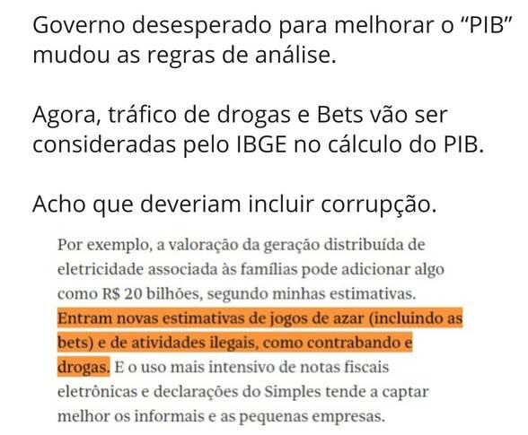 Uma imagem de fundo branco exibe textos em preto divididos em duas seções. Na parte superior, com uma fonte de tamanho maior, estão escritas as seguintes frases: ‘Governo desesperado para melhorar o ‘PIB’ mudou as regras de análise. Agora, tráfico de drogas e Bets vão ser consideradas pelo IBGE no cálculo do PIB. Acho que deveriam incluir corrupção.’. Na parte inferior, em uma fonte menor e ligeiramente mais clara, há um parágrafo que diz: ‘Por exemplo, a valoração da geração distribuída de eletricidade associada às famílias pode adicionar algo como R$ 20 bilhões, segundo minhas estimativas. Entram novas estimativas de jogos de azar (incluindo as bets) e de atividades ilegais, como contrabando e drogas. E o uso mais intensivo de notas fiscais eletrônicas e declarações do Simples tende a captar melhor os informais e as pequenas empresas.’. O trecho do segundo parágrafo que vai de ‘Entram novas estimativas’ até ‘contrabando e drogas.’ encontra-se realçado com um marcador de fundo na cor laranja.