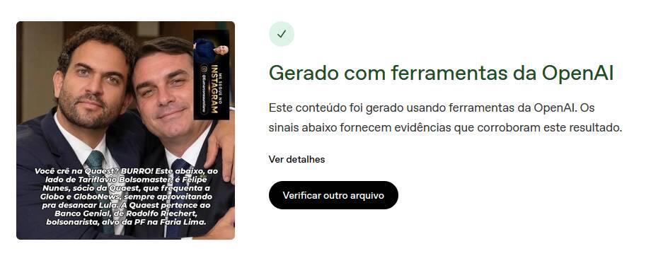 Imagem composta por uma foto de Flávio Bolsonaro e Felipe abraçados e sorrindo para a câmera, acompanhada de uma captura de tela com a mensagem Gerado com ferramentas da OpenAI e um botão Verificar outro arquivo.