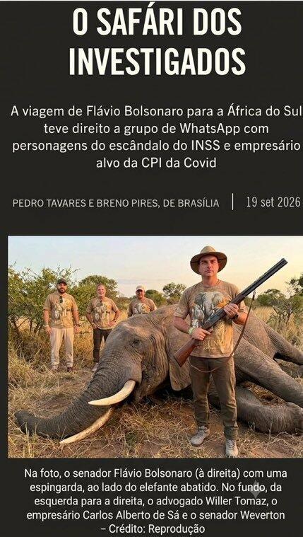 Uma captura de tela exibe na parte superior um texto sobre fundo escuro com o título em letras maiúsculas brancas ‘O SAFÁRI DOS INVESTIGADOS’, seguido de um subtítulo sobre uma viagem de Flávio Bolsonaro à África do Sul e a indicação de data ‘19 set 2026’. No centro, uma fotografia ambientada em uma paisagem de vegetação seca e rasteira mostra um elefante deitado no chão. Em primeiro plano, à direita do animal, encontra-se um homem de pele clara vestindo camiseta bege, calça escura e chapéu de abas largas, que segura uma arma de fogo longa na transversal. Ao fundo, posicionados atrás do corpo do elefante, estão três homens de pele clara vestindo camisetas em tons de bege; o da esquerda usa boné escuro e calça clara, o do centro veste calça escura, e o da direita usa boné claro e calça escura. Na base da imagem, uma legenda identifica o homem armado como o senador Flávio Bolsonaro e os três indivíduos ao fundo como o advogado Willer Tomaz, o empresário Carlos Alberto de Sá e o senador Weverton.