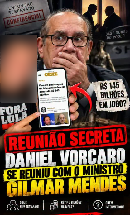 A imagem é uma montagem em estilo thumbnail jornalística, com um homem em primeiro plano apontando para um celular que exibe uma publicação sobre uma suposta reunião entre Daniel Vorcaro e Gilmar Mendes; ao fundo, aparece uma imagem criada por IA de Gilmar Mendes com a mão sobre a boca. Textos em destaque mencionam reunião secreta, encontro reservado e confidencial, além da cifra de R$ 145 bilhões e questionamentos sobre o que teria sido tratado no encontro.