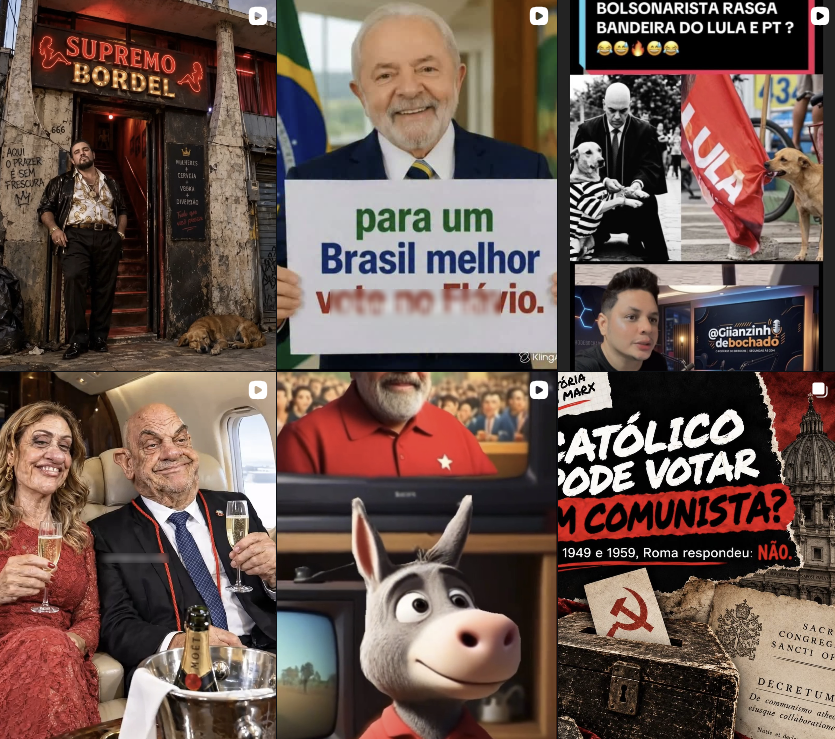 A imagem mostra uma grade com seis publicações de conteúdo político. No canto superior esquerdo, um homem aparece em frente a um estabelecimento com uma placa escrita 'SUPREMO BORDEL', acompanhado de um cachorro no chão. No centro superior, Lula aparece segurando um cartaz com os dizeres 'para um Brasil melhor vote no Flávio', em referência a Flávio Bolsonaro. No canto superior direito, uma montagem traz o texto 'BOLSONARISTA RASGA BANDEIRA DO LULA E PT?' acompanhada de imagens de cães, uma bandeira vermelha com a inscrição 'LULA' e um jovem diante de um computador. No canto inferior esquerdo, uma caricatura de Viviane Barci de Moraes e Alexandre de Moraes mostra o casal sentado em um avião, segurando taças de bebida. No centro inferior, aparece uma montagem em estilo de animação com um burro diante de uma televisão que exibe a imagem de Lula usando uma camisa vermelha com uma estrela. No canto inferior direito, há uma arte com o texto 'CATÓLICO PODE VOTAR EM COMUNISTA?', seguida da frase '1949 e 1959, Roma respondeu: NÃO', além de símbolos associados ao comunismo e elementos religiosos.