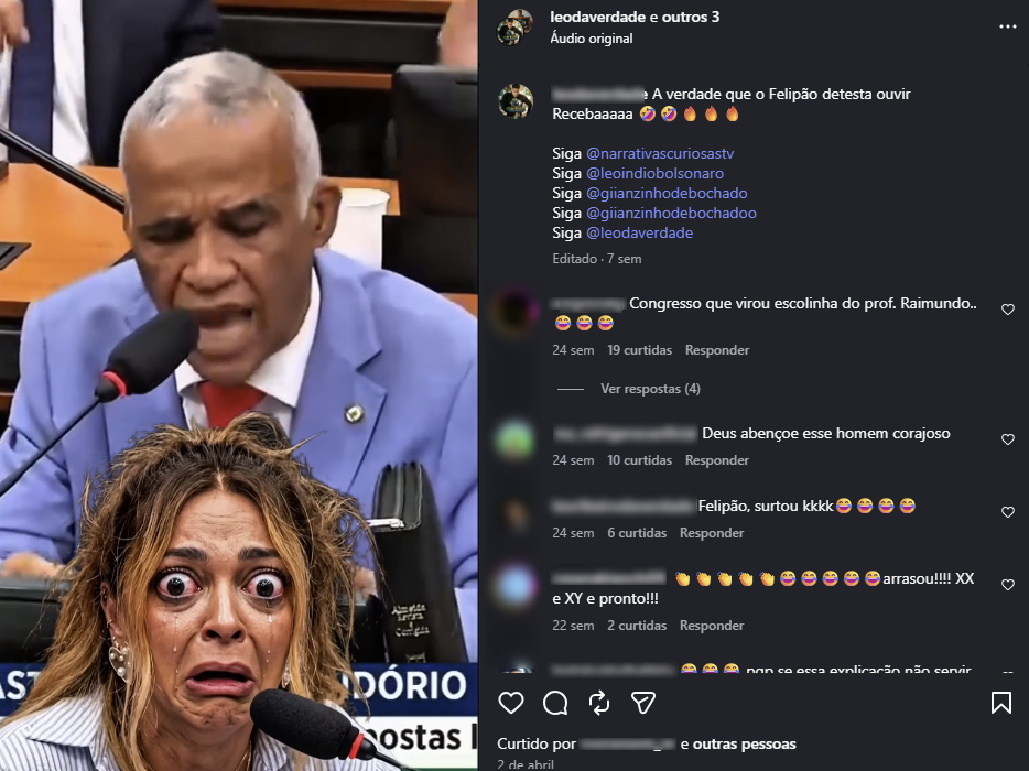 A imagem é uma captura de tela de uma publicação no Instagram. À esquerda, aparece o pastor Sargento Isidório, um homem de cabelos grisalhos, usando terno azul-claro, camisa branca e gravata vermelha, falando ao microfone em um ambiente que parece ser o plenário de uma casa legislativa. Em primeiro plano, sobreposto à imagem, há o rosto de Erika Hilton com os olhos arregalados, expressão de espanto e lágrimas no rosto, também diante de um microfone. À direita, aparecem a publicação e os comentários. A legenda contém a frase 'A verdade que o Felipão detesta ouvir. Recebaaaaaa' acompanhada de emojis, seguida de marcações para os perfis @narrativascuriosastv, @leonardobolsonaro, @gianzin...deb...chado, @gianzin...dobechado e @leodaverdade. Entre os comentários visíveis estão frases como 'Congresso que virou escolinha do prof. Raimundo..', 'Deus abençoe esse homem corajoso', 'Felipão, surtou kkkk' e 'arrasou!!!!'.