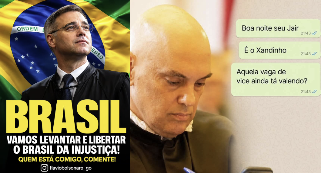 A imagem é uma montagem dividida em duas partes. À esquerda está o ministro André Mendonça, um homem usando uma toga preta e gravata, diante da bandeira do Brasil. Na parte inferior, em letras grandes amarelas e brancas, está escrito 'BRASIL', seguido das frases 'VAMOS LEVANTAR E LIBERTAR O BRASIL DA INJUSTIÇA!' e 'QUEM ESTÁ COMIGO, COMENTE!'. Abaixo, aparece o nome de usuário '@flaviobolsonaro_go' acompanhado de um ícone do Instagram. À direita está Alexandre de Moraes, um homem careca, vestido com uma toga preta, olhando para baixo em direção a um celular. Sobre a imagem, há três mensagens em balões verdes, semelhantes aos de uma conversa no WhatsApp: 'Boa noite seu Jair', 'É o Xandinho' e 'Aquela vaga de vice ainda tá valendo?', todas marcadas com o horário 21:43.