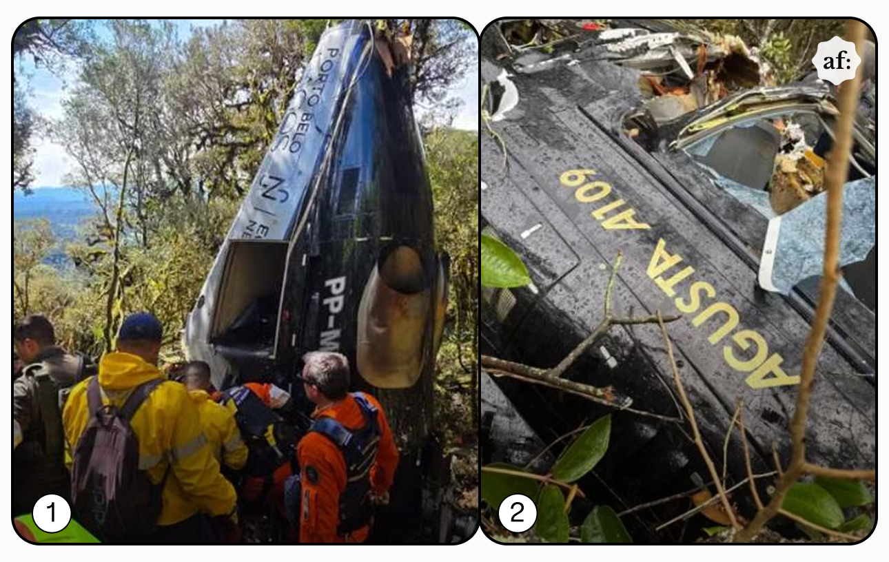 Montagem com duas fotos numeradas mostrando o resgate de um helicóptero acidentado em uma área de vegetação densa. Na imagem 1, no lado esquerdo, a cauda do helicóptero preto e cinza está posicionada na vertical entre árvores, exibindo as inscrições 'PORTO BELO', 'PP-M' e letras organizadas em uma rosa dos ventos. Em primeiro plano, socorristas trabalham no local: um homem de pele clara e cabelo escuro veste uniforme amarelo de brigadista e mochila escura; à sua direita, um homem de pele clara e cabelo curto grisalho com óculos de grau usa jaqueta laranja de resgate; e à esquerda, um profissional de pele parda com boné escuro veste túnica verde-oliva. Na imagem 2, no lado direito, há um detalhe da fuselagem preta com a inscrição em amarelo 'AGUSTA A109' perto de estilhaços de vidro e galhos de árvores, com o logotipo da agência 'af:' no canto superior direito.