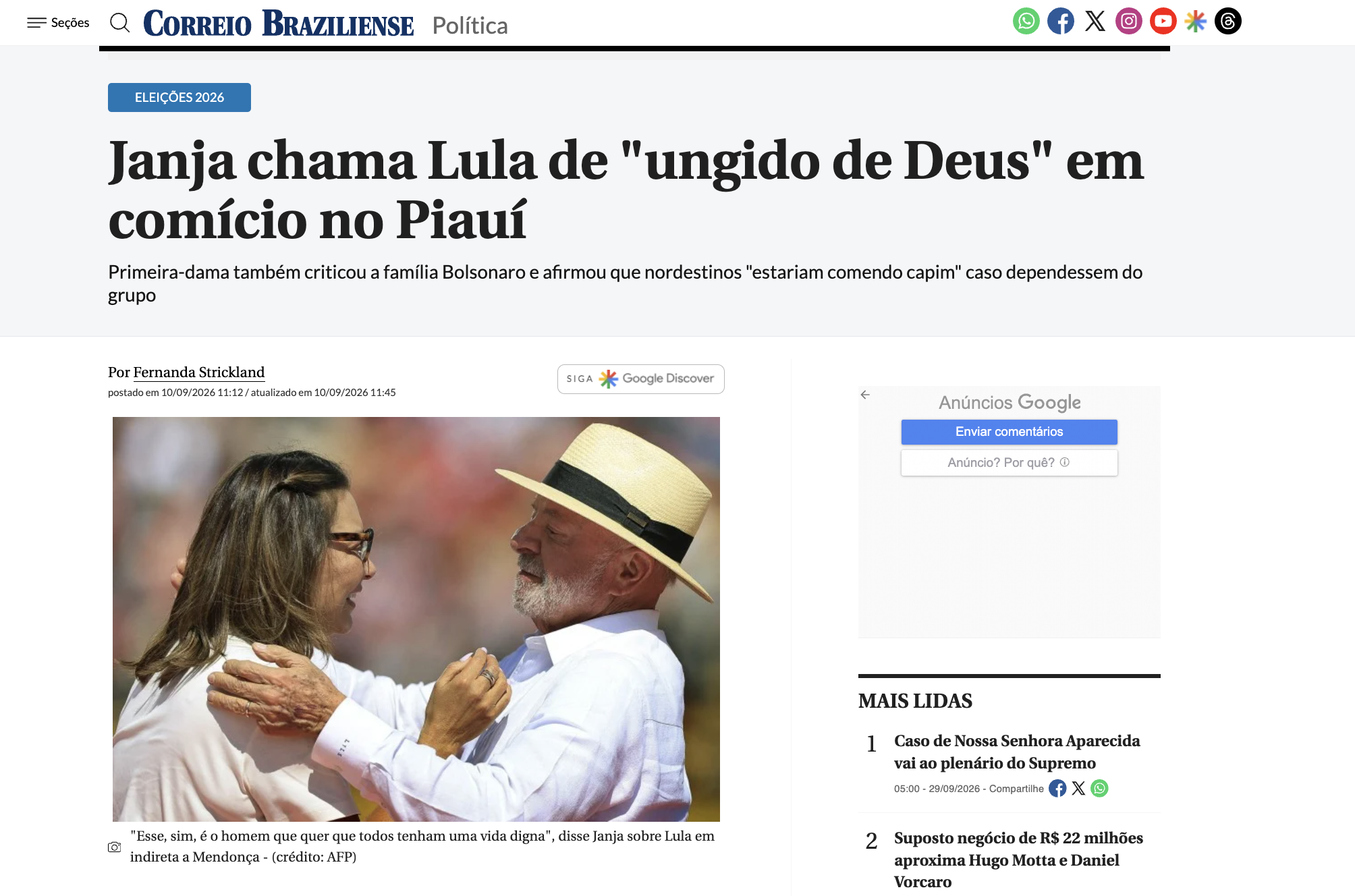 Captura de tela de uma notícia do site Correio Braziliense, com a etiqueta azul 'ELEIÇÕES 2026' e a manchete principal: ‘Janja chama Lula de
