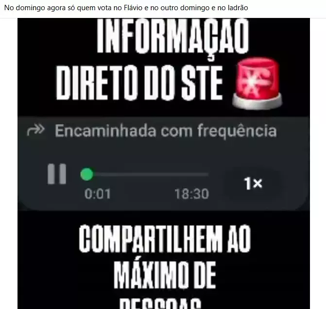 Uma captura de tela exibe na parte superior, sobre um fundo branco, o texto 'No domingo agora só quem vota no Flávio e no outro domingo e no ladrão'. Abaixo, uma imagem com fundo escuro apresenta no topo o texto em letras maiúsculas brancas 'INFORMAÇÃO DIRETO DO STE', ladeado à direita por um ícone tridimensional de uma sirene vermelha. Na região central, sobre um fundo cinza-escuro, observa-se a interface de um reprodutor de áudio, contendo o aviso 'Encaminhada com frequência' ao lado de um ícone de setas duplas, seguido por um botão de pausa, uma barra de reprodução com um marcador circular verde, os tempos '0:01' e '18:30', e um botão com a inscrição '1x'. Na base da imagem, o texto em letras maiúsculas brancas 'COMPARTILHEM AO MÁXIMO DE' é exibido, com a linha inferior contendo letras parcialmente cortadas que formam o início da palavra 'PESSOAS'.