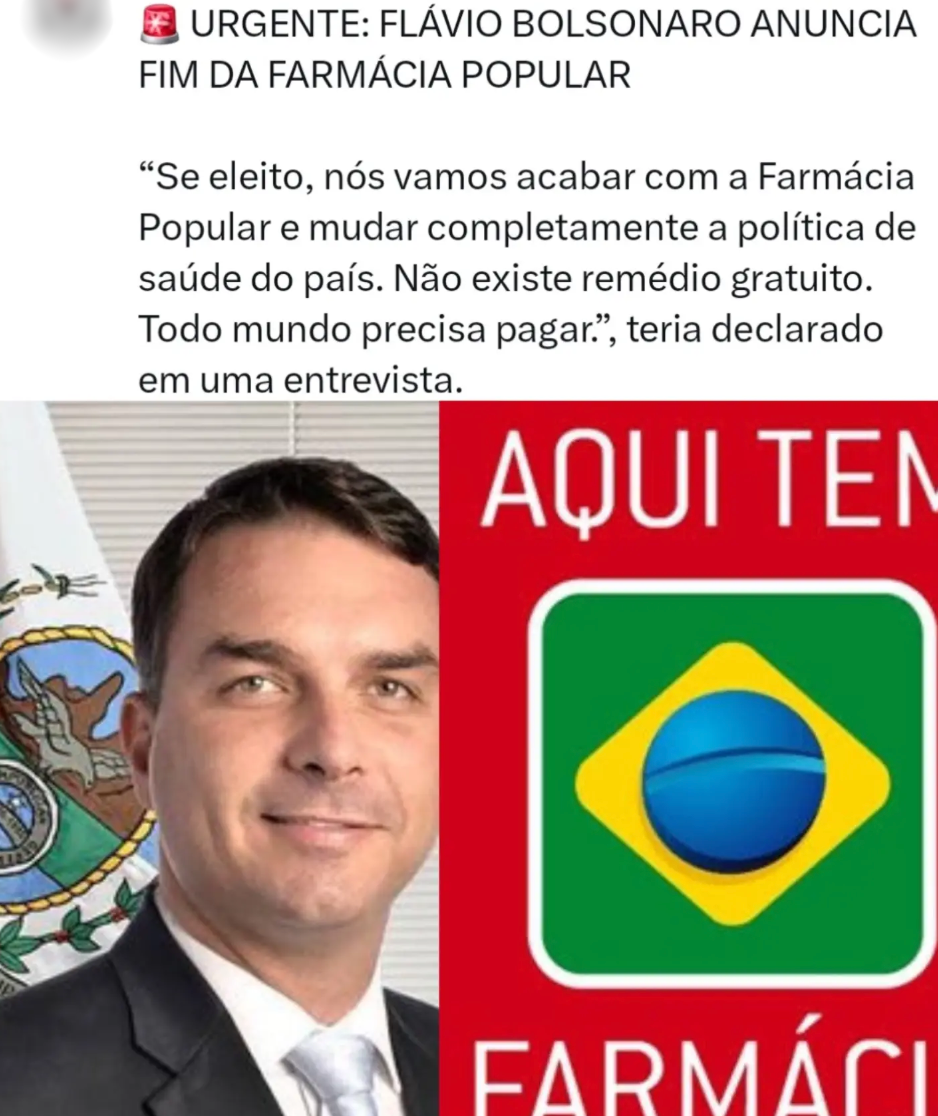 Imagem dividida em duas partes. Na metade superior, sobre fundo branco, lê-se o texto: '🚨 URGENTE: FLÁVIO BOLSONARO ANUNCIA FIM DA FARMÁCIA POPULAR', seguido da frase entre aspas: '“Se eleito, nós vamos acabar com a Farmácia Popular e mudar completamente a política de saúde do país. Não existe remédio gratuito. Todo mundo precisa pagar.”, teria declarado em uma entrevista.'. Na metade inferior, o lado esquerdo exibe uma foto do político Flávio Bolsonaro — homem de pele clara, cabelos curtos e escuros e olhos claros, vestindo terno e gravata pretos com camisa social branca —, posicionado em frente a uma bandeira. O lado direito mostra parte de um cartaz vermelho com a inscrição 'AQUI TEM' na parte superior e 'FARMÁCI' na parte inferior, destacando ao centro o logótipo do programa Farmácia Popular, composto por um quadrado verde com bordas arredondadas contendo um losango amarelo e um círculo azul.