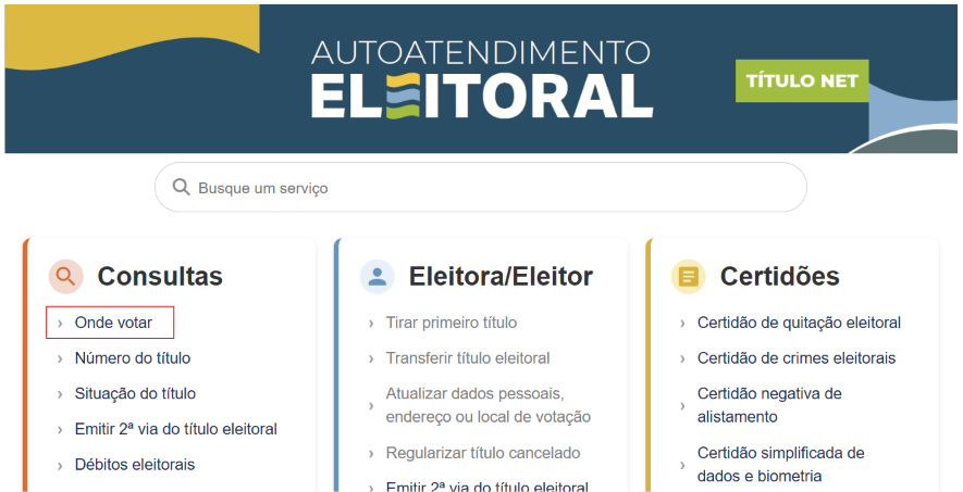 A imagem mostra uma captura de tela do site de autoatendimento eleitoral do Tribunal Superior Eleitoral (TSE). Na parte superior, há uma faixa azul-escura com detalhes em amarelo, azul-claro e cinza, com o texto 'AUTOATENDIMENTO ELEITORAL' e um botão verde com a inscrição 'TÍTULO NET'. Abaixo, aparece uma barra de pesquisa com o texto 'Busque um serviço'. Na parte inferior, os serviços estão organizados em três colunas: 'Consultas', 'Eleitora/Eleitor' e 'Certidões'. Na coluna 'Consultas', aparecem as opções 'Onde votar', 'Número do título', 'Situação do título', 'Emitir 2ª via do título eleitoral' e 'Débitos eleitorais'. A opção 'Onde votar' está destacada por um retângulo vermelho.