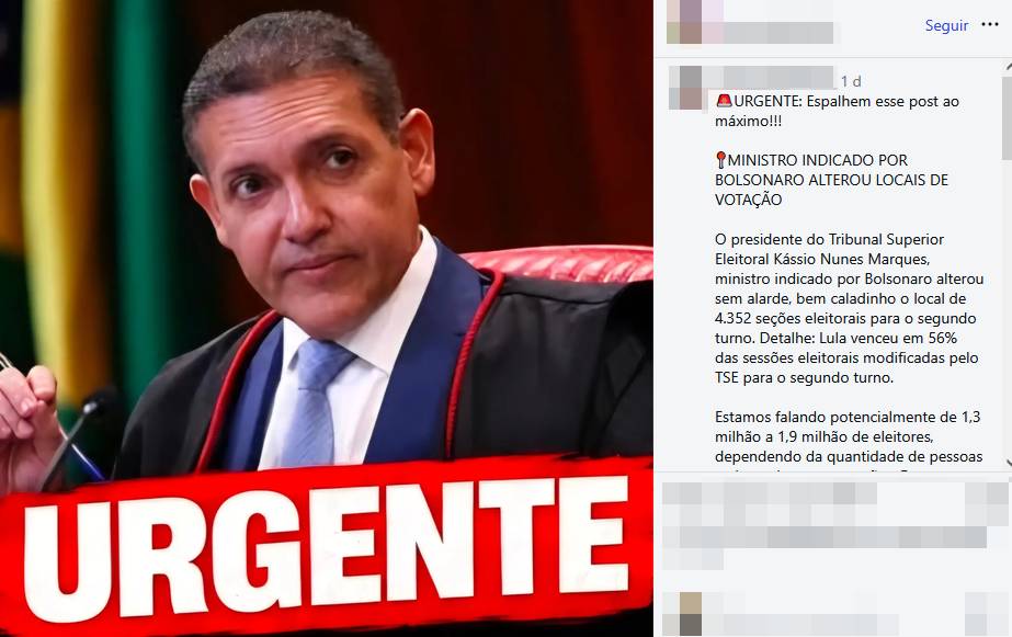 A imagem exibe uma captura de tela dividida em duas áreas. À esquerda, destaca-se a fotografia de um homem de pele clara e cabelo curto escuro, vestindo camisa branca, gravata azul clara e uma toga preta com detalhes em vermelho, que aparece com a mão direita parcialmente erguida à frente de um fundo desfocado com as cores verde e amarela. Na base dessa fotografia, há uma tarja vermelha contendo a palavra 'URGENTE' em grandes letras brancas. À direita, apresenta-se a interface de uma publicação de rede social com o seguinte cabeçalho: '🚨URGENTE: Espalhem esse post ao máximo!!! 📍MINISTRO INDICADO POR BOLSONARO ALTEROU LOCAIS DE VOTAÇÃO'. Os parágrafos seguintes alegam que o presidente do Tribunal Superior Eleitoral, Kássio Nunes Marques, alterou o local de milhares de seções eleitorais para o segundo turno em regiões onde o candidato Lula teria vencido, enquanto os nomes e fotos de perfil dos usuários aparecem pixelados. 