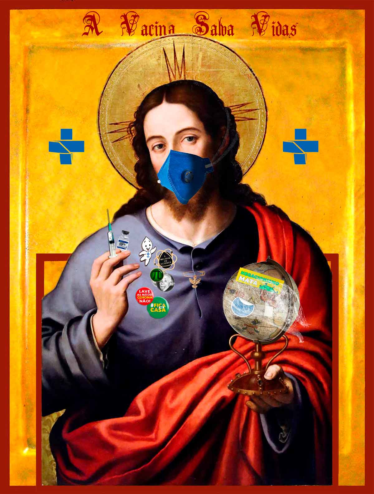 Imagem de Jesus Cristo usando máscara e segurando uma vacina e um globo terrestre